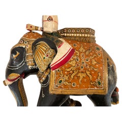 Antique Anglo-Raj Hand-Carved Teak Elephant with Rider Polychrome Sculpture