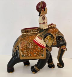 Antique Anglo-Raj Hand-Carved Teak Elephant with Rider Polychrome Sculpture