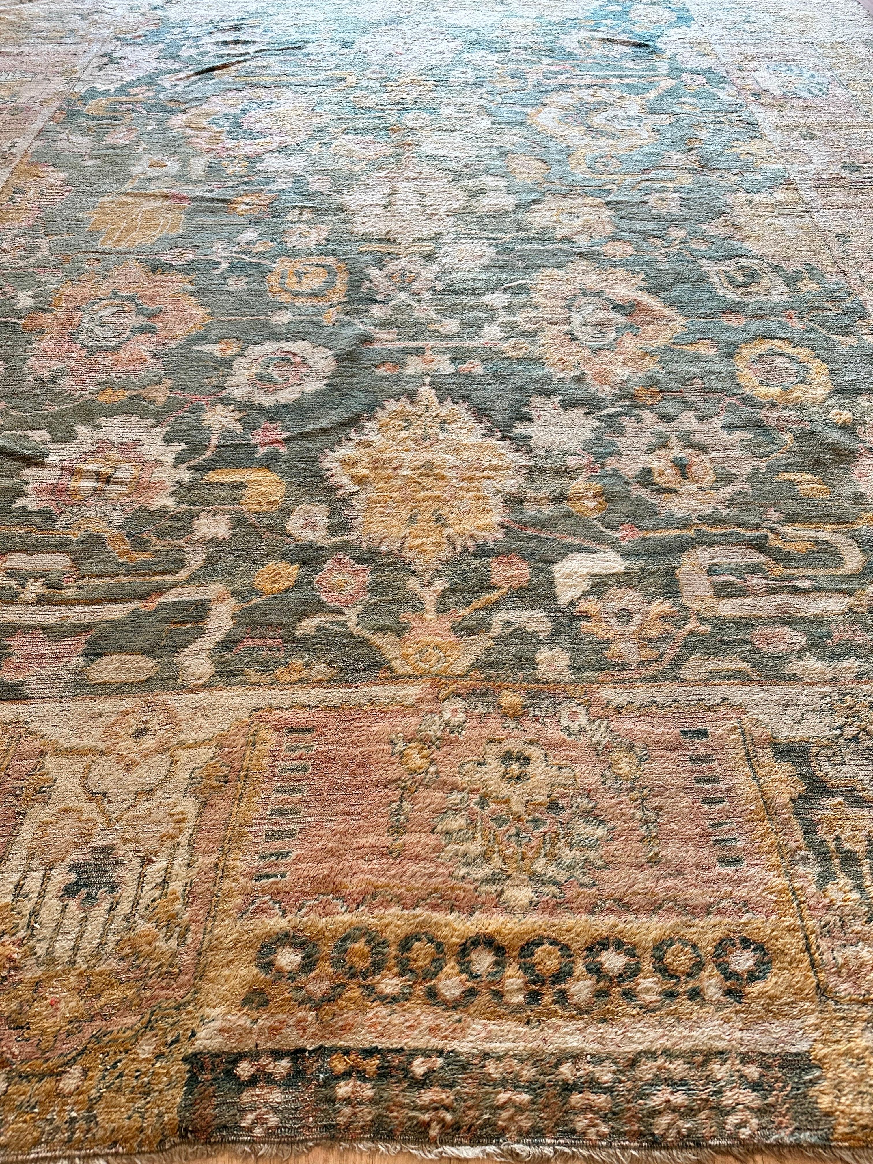 Antique Angora Oushak Carpet, Handmade Oriental Rug, Light Blue, Shrimp, Taupe For Sale 3