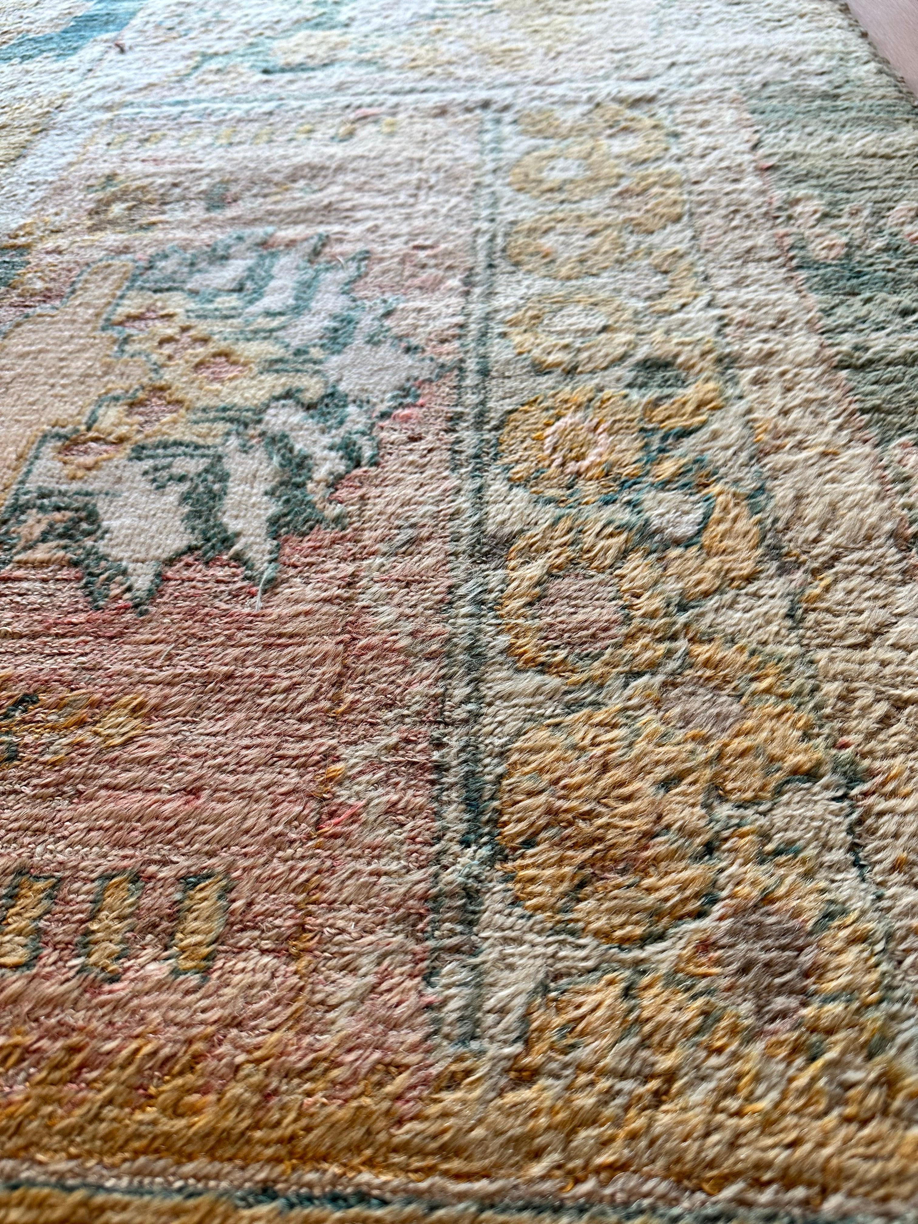 Antique Angora Oushak Carpet, Handmade Oriental Rug, Light Blue, Shrimp, Taupe For Sale 5