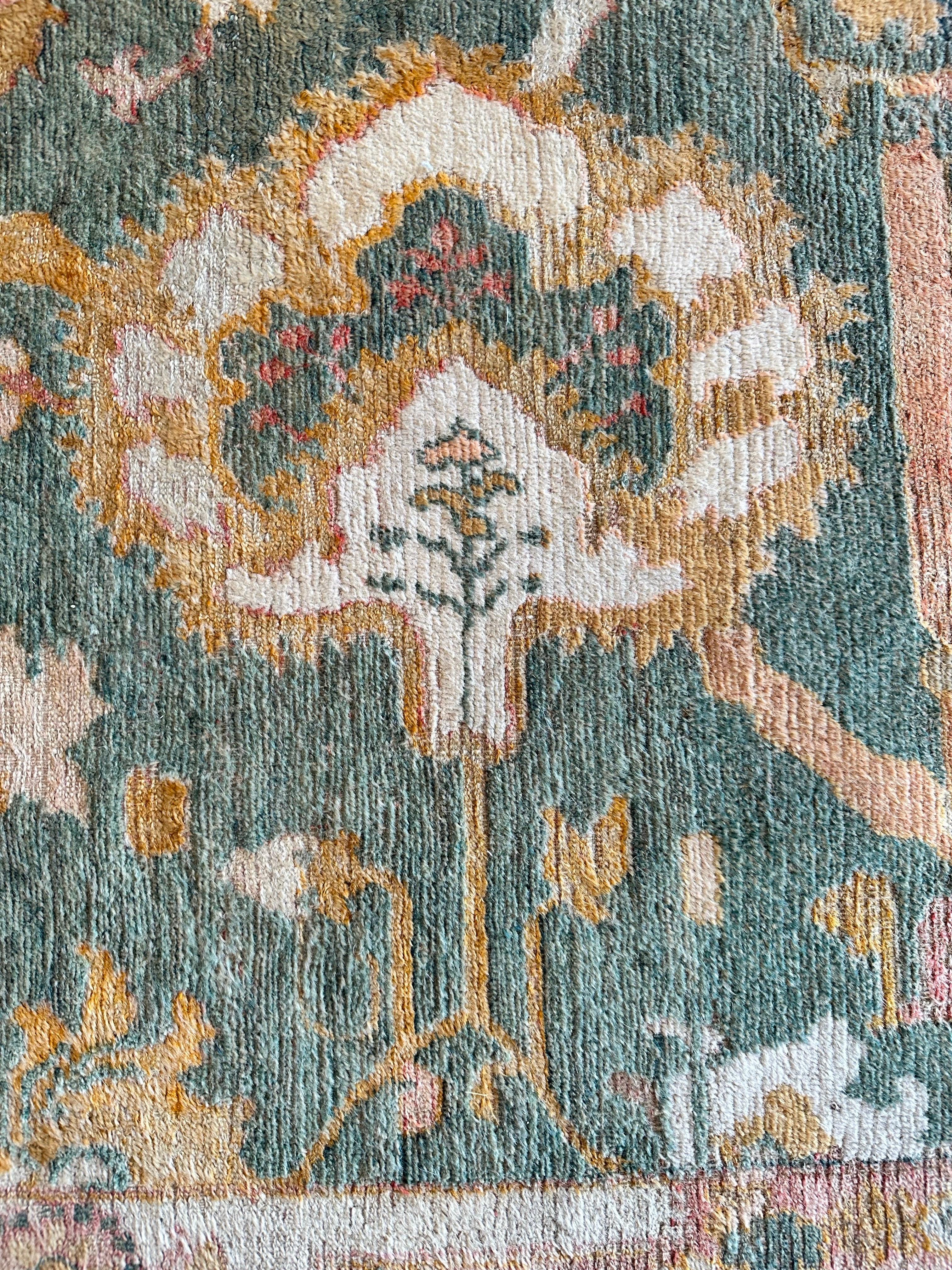 Antique Angora Oushak Carpet, Handmade Oriental Rug, Light Blue, Shrimp, Taupe For Sale 6