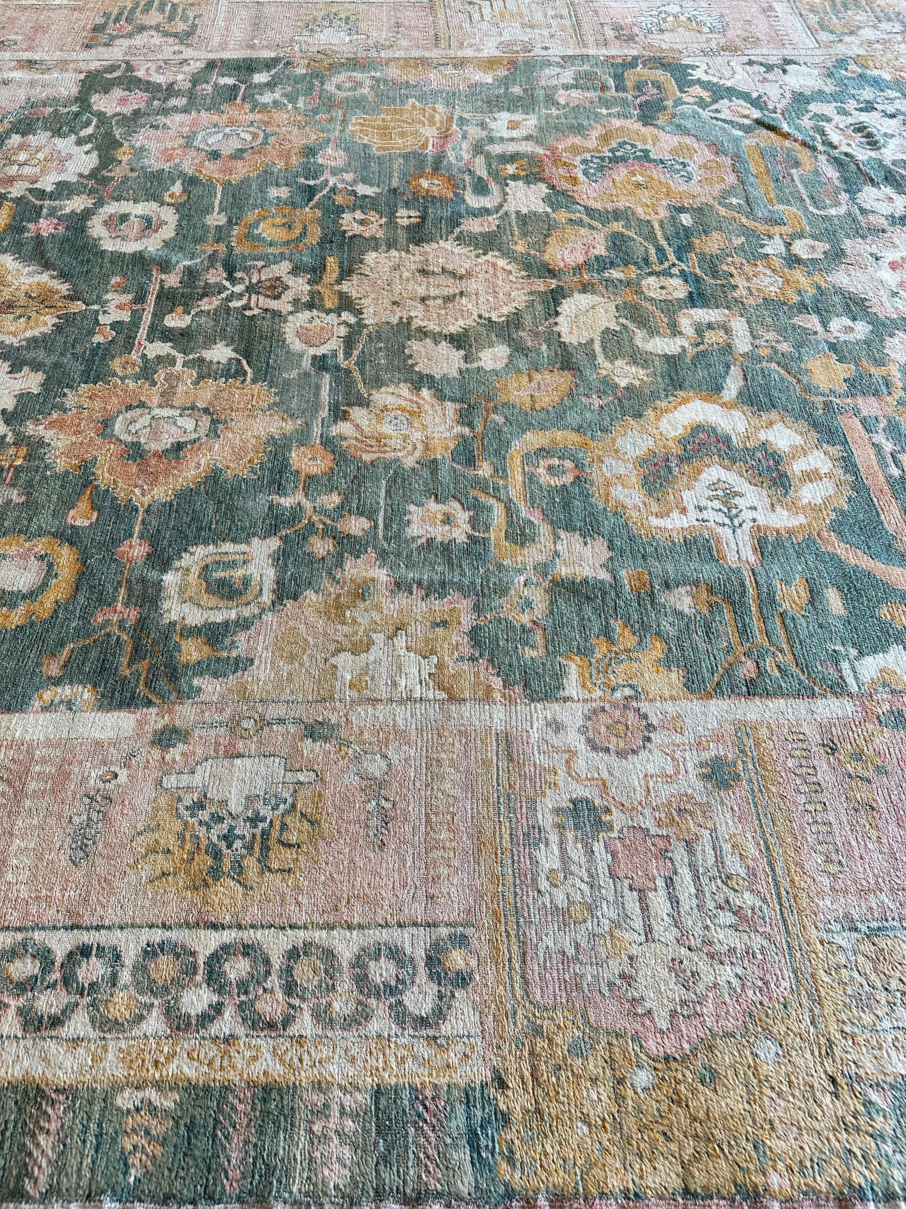 Antique Angora Oushak Carpet, Handmade Oriental Rug, Light Blue, Shrimp, Taupe For Sale 7