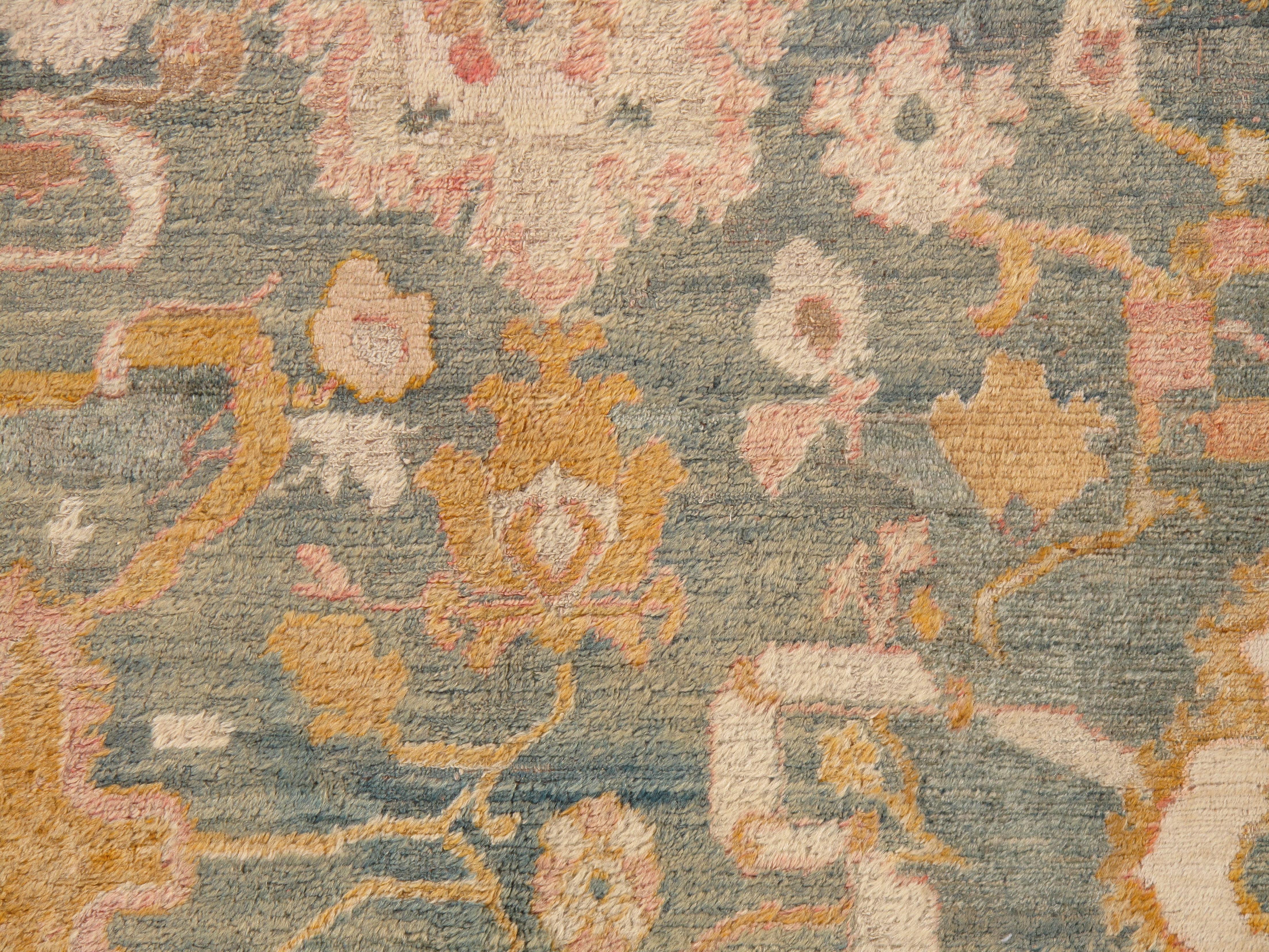 Turkish Antique Angora Oushak Carpet, Handmade Oriental Rug, Light Blue, Shrimp, Taupe For Sale