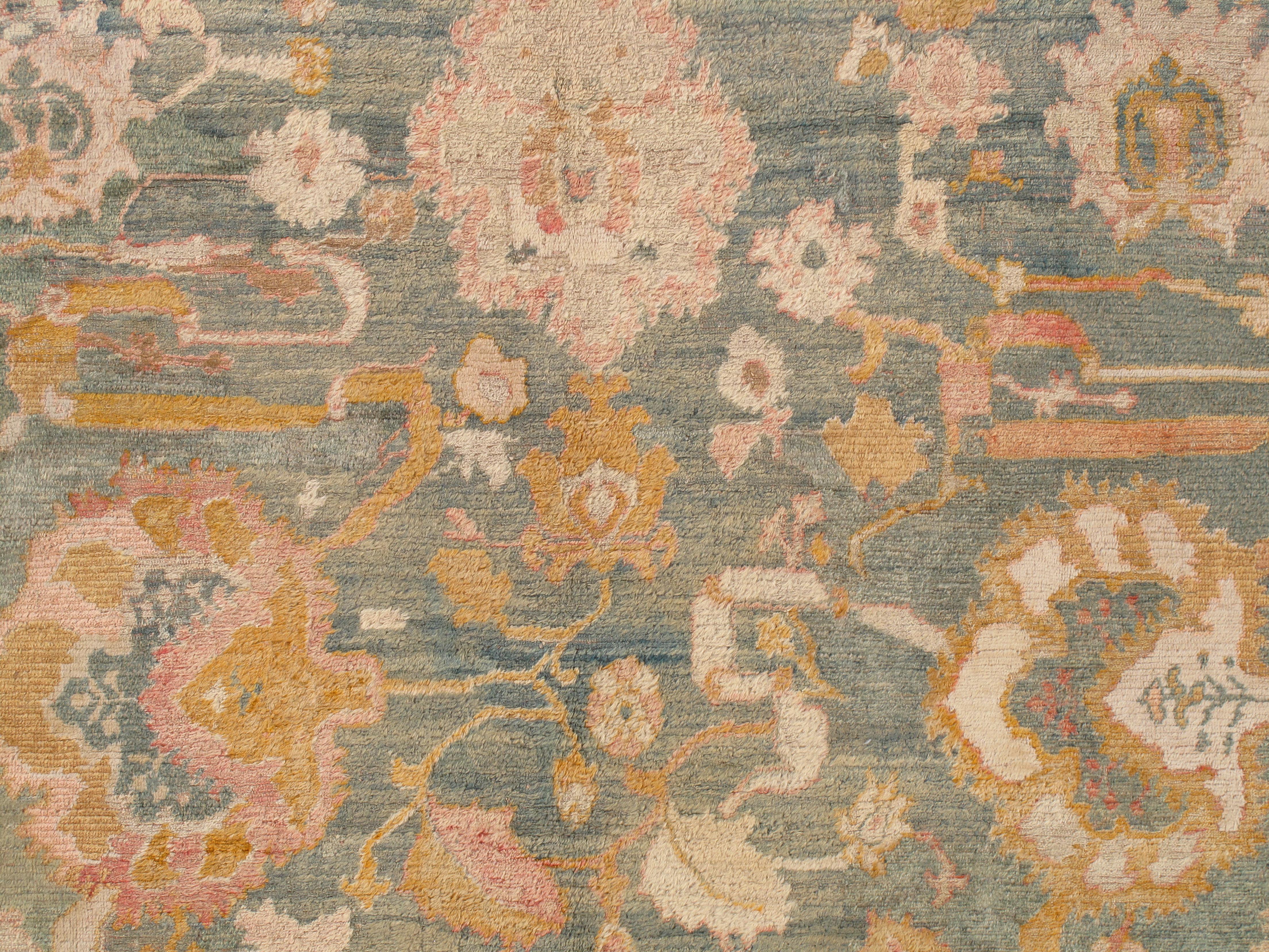 Hand-Knotted Antique Angora Oushak Carpet, Handmade Oriental Rug, Light Blue, Shrimp, Taupe For Sale