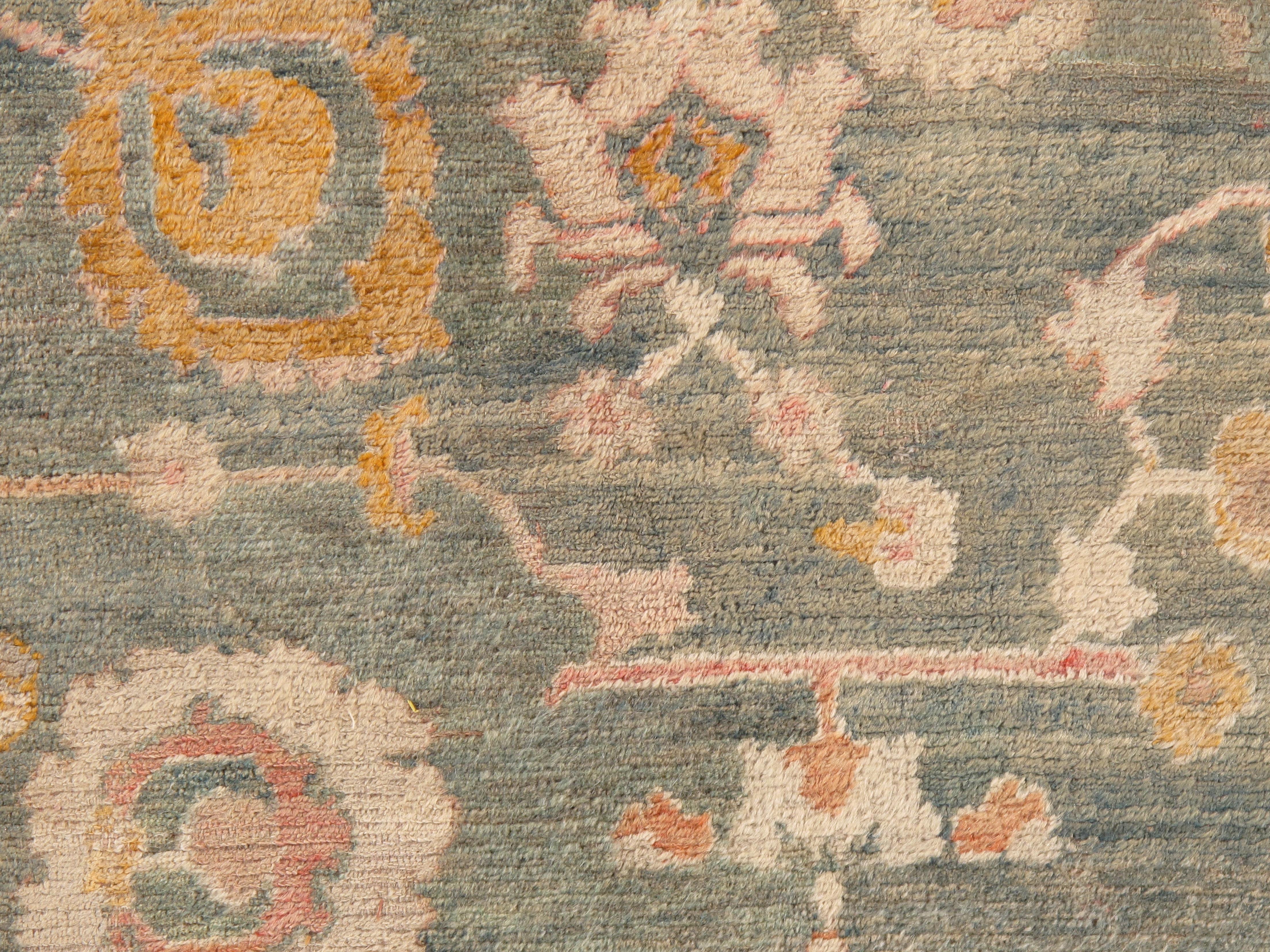 Antique Angora Oushak Carpet, Handmade Oriental Rug, Light Blue, Shrimp, Taupe In Good Condition For Sale In Port Washington, NY