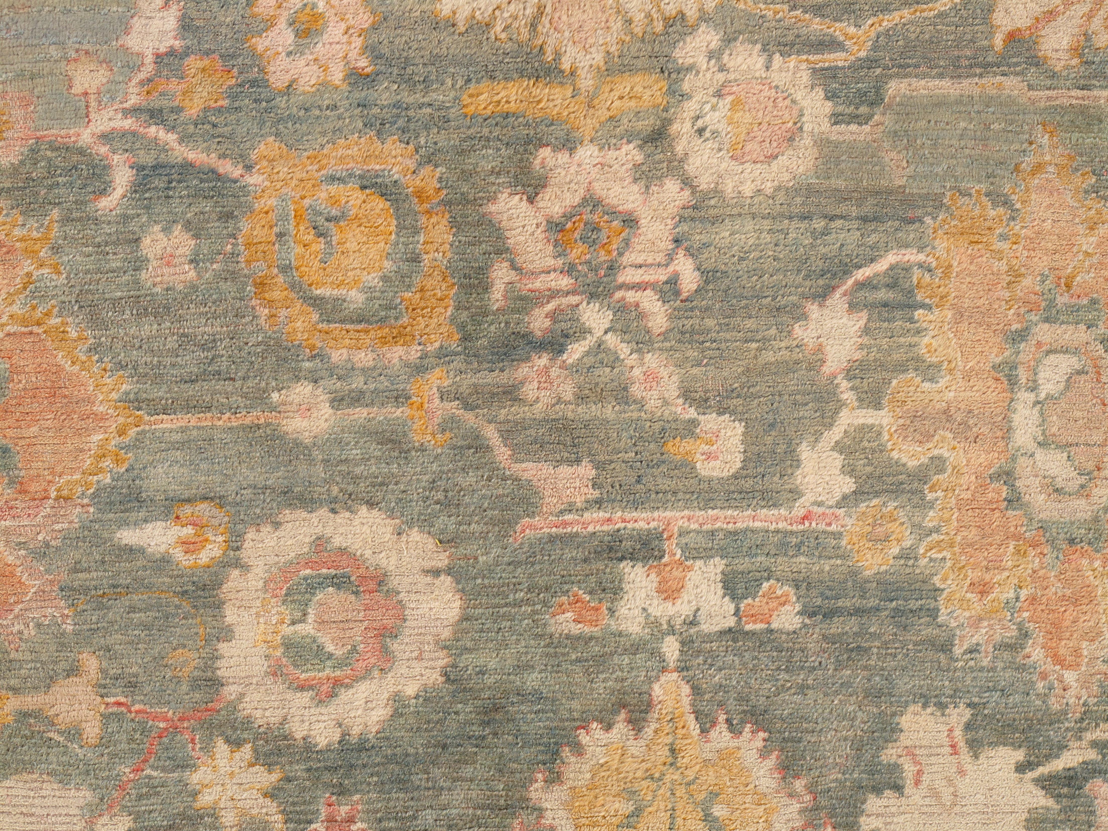 19th Century Antique Angora Oushak Carpet, Handmade Oriental Rug, Light Blue, Shrimp, Taupe For Sale