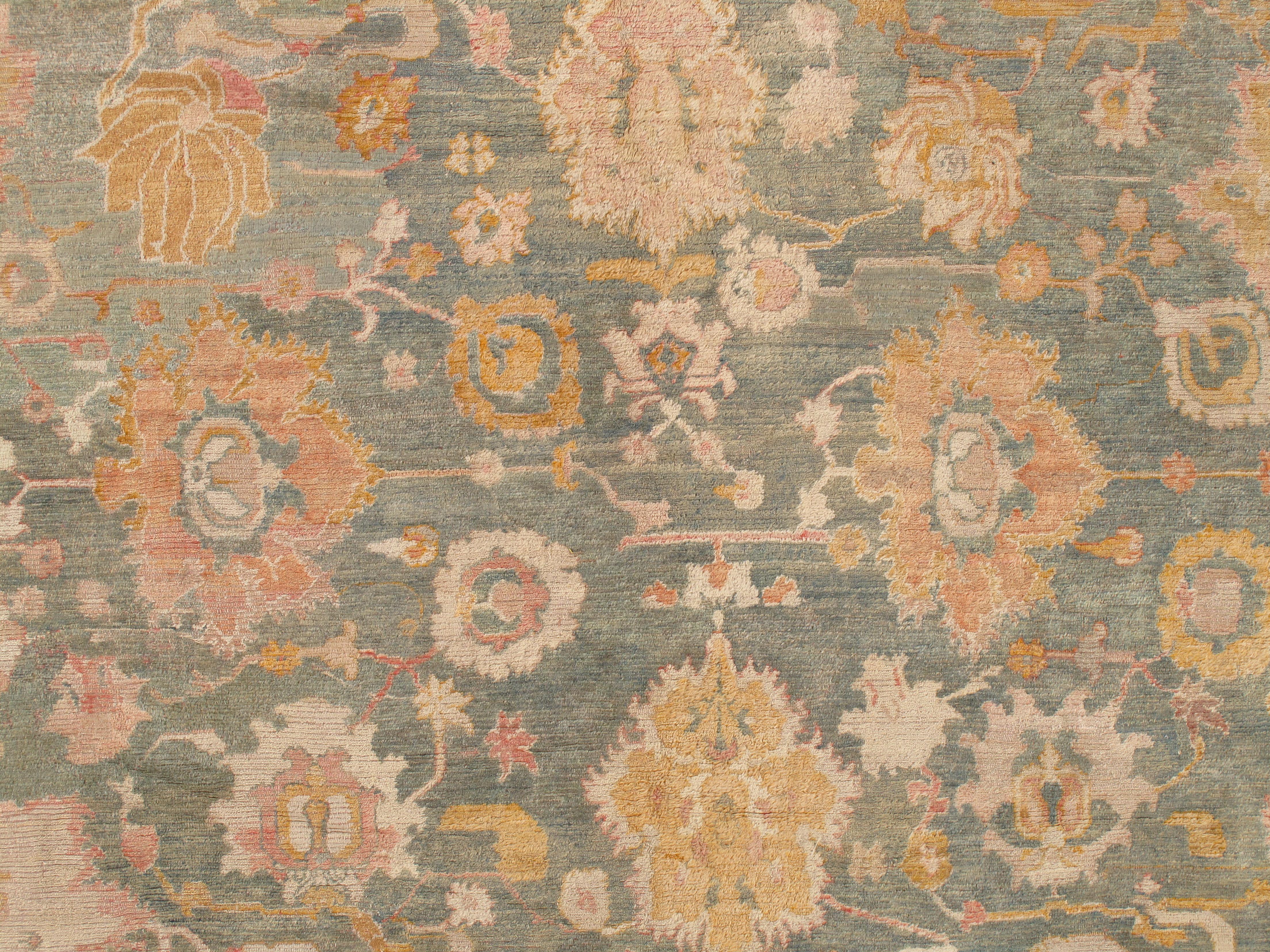 Wool Antique Angora Oushak Carpet, Handmade Oriental Rug, Light Blue, Shrimp, Taupe For Sale