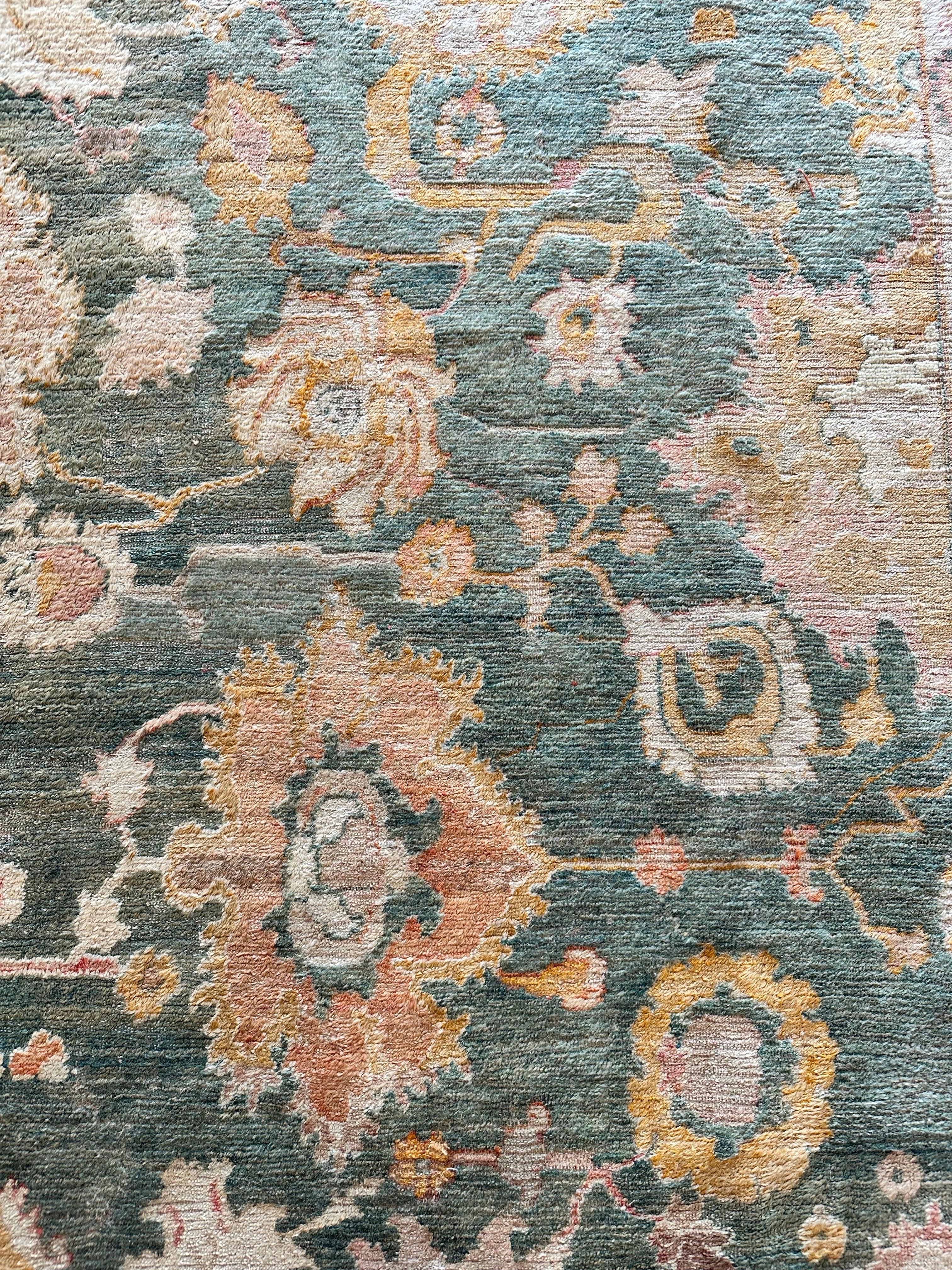 Antique Angora Oushak Carpet, Handmade Oriental Rug, Light Blue, Shrimp, Taupe For Sale 1