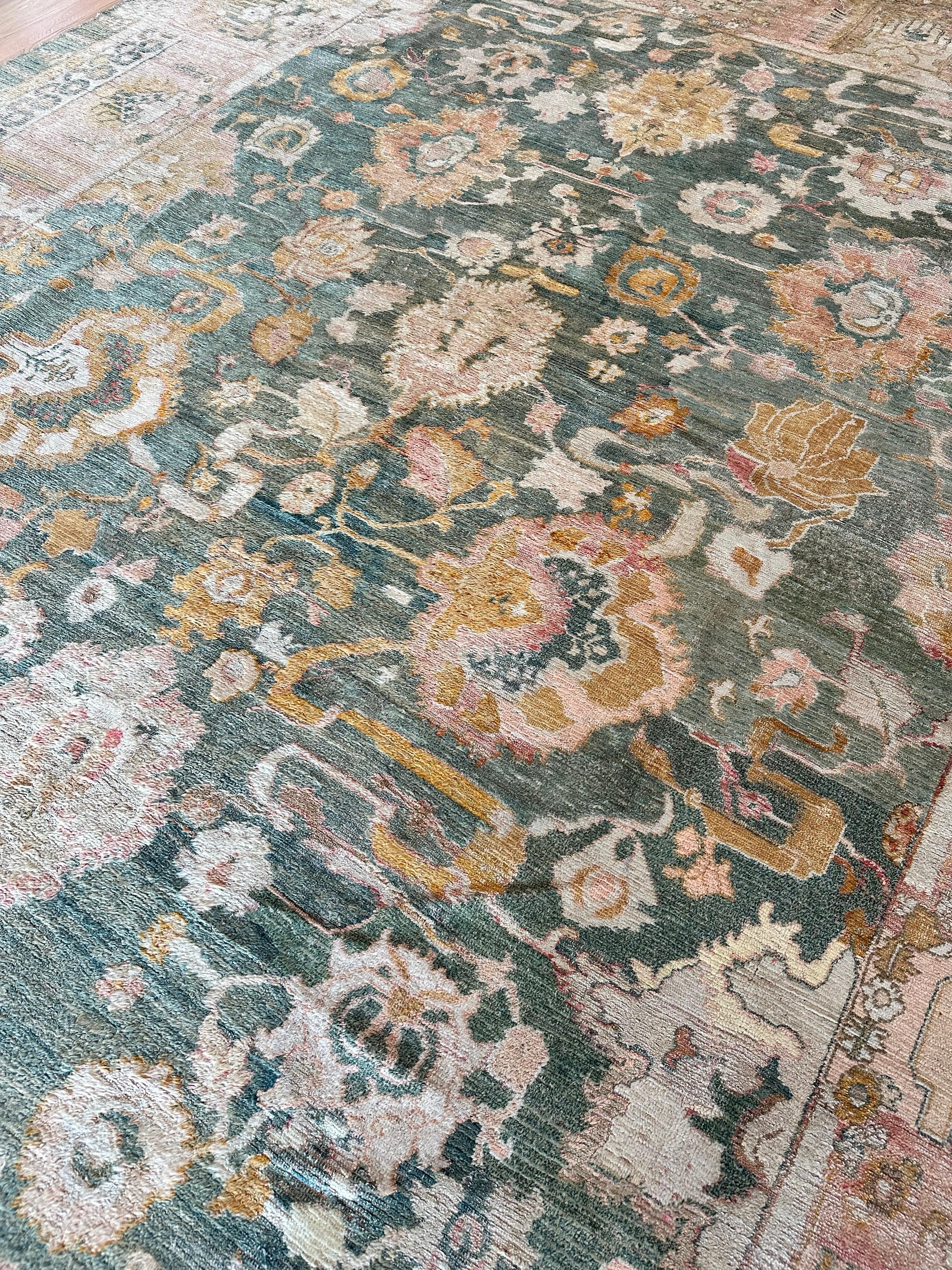 Antique Angora Oushak Carpet, Handmade Oriental Rug, Light Blue, Shrimp, Taupe For Sale 2