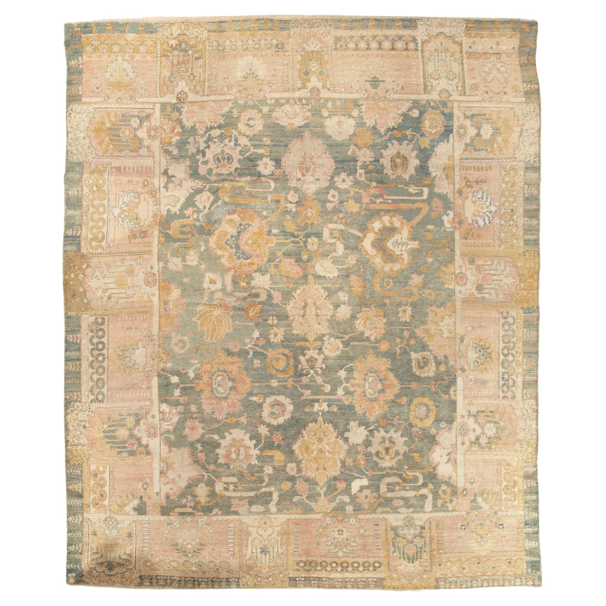 Antique Angora Oushak Carpet, Handmade Oriental Rug, Light Blue, Shrimp, Taupe