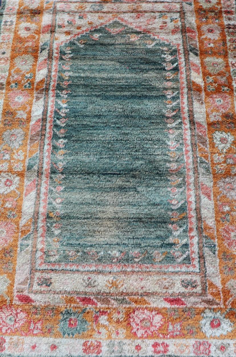 Tapis antique Angora Oushak avec fond solide de couleurs sarcelle, bleu, orange 3