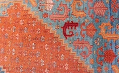Antique Angora Turkish Oushak Rug in Rust, Blue, and Golden Ivory 11'4 x 16'6