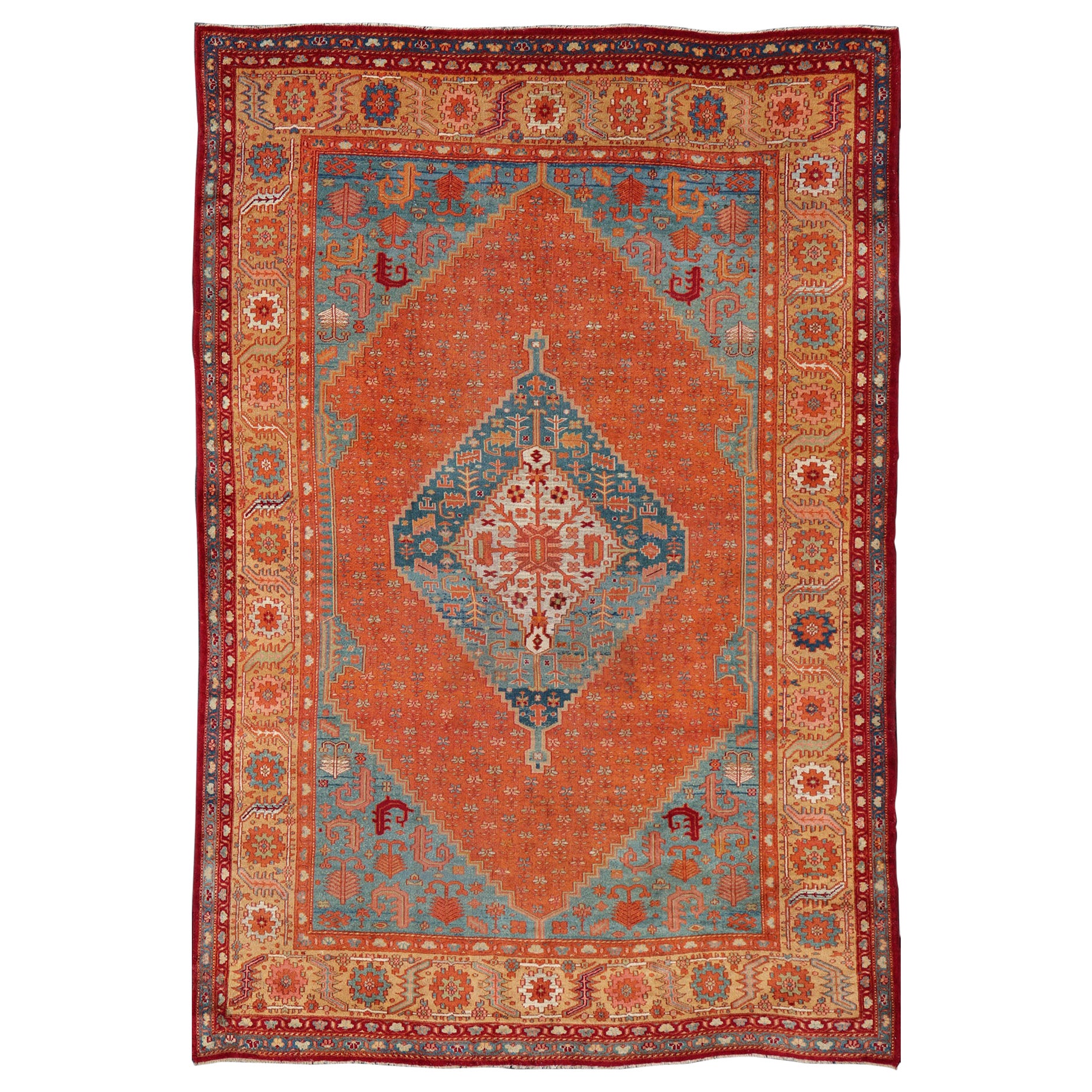 Antique Angora Turkish Oushak Rug in Rust, Blue, and Golden Ivory 11
4 x 16
6