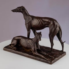 Antique Animalier Patinated Bronze Sculpture Figures Dogs Whippet Greyhounds