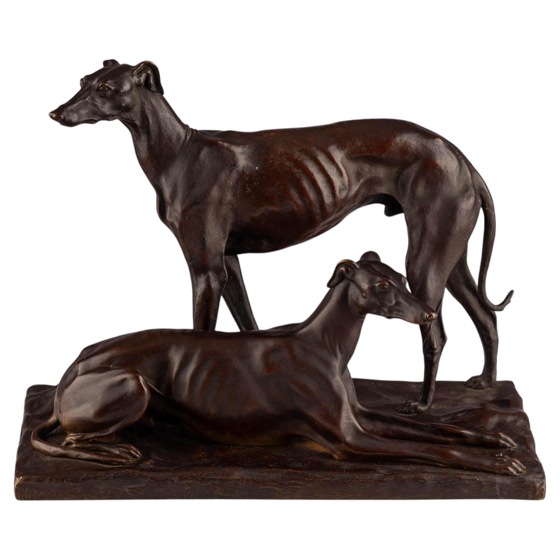 Scultura antica in bronzo patinato Animalier Cani Whippet Levrieri