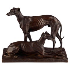 Antique Animalier Patinated Bronze Sculpture Figures Dogs Whippet Greyhounds