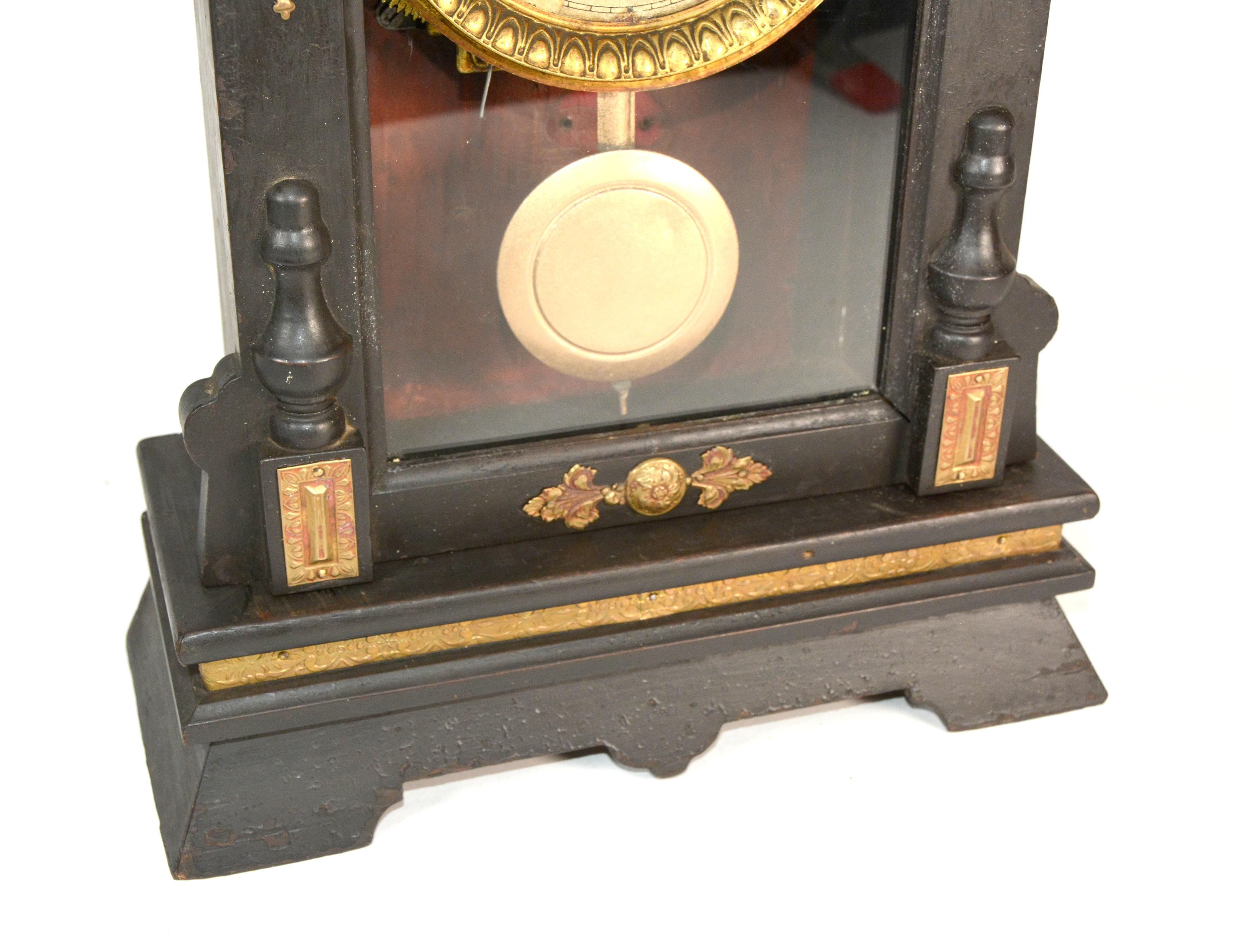 Antique Animated Monk Striking Bell 3 Finial Brass Decorated 8 Day Mantle Clock 5