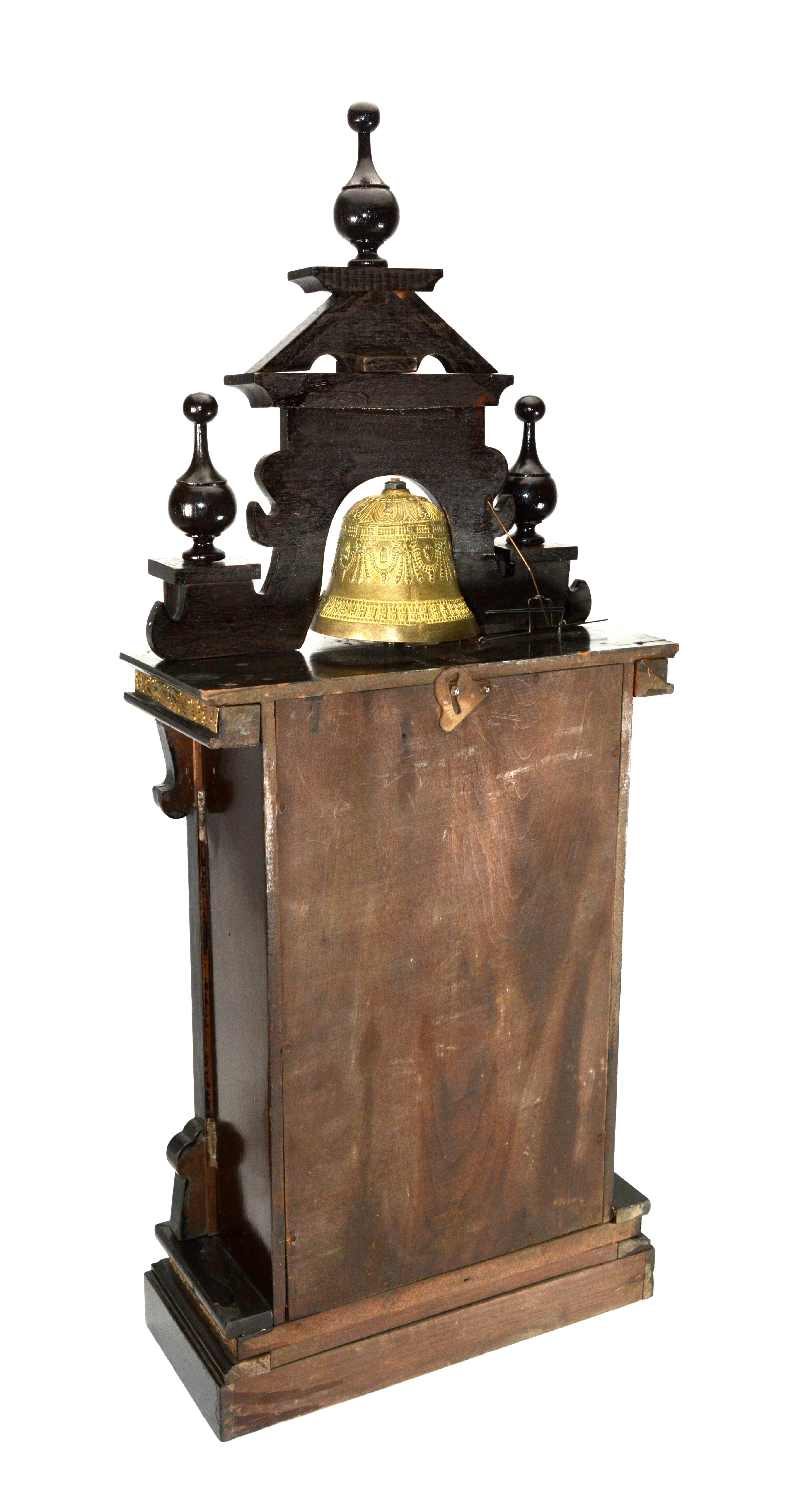 Antique Animated Monk Striking Bell 3 Finial Brass Decorated 8 Day Mantle Clock 6