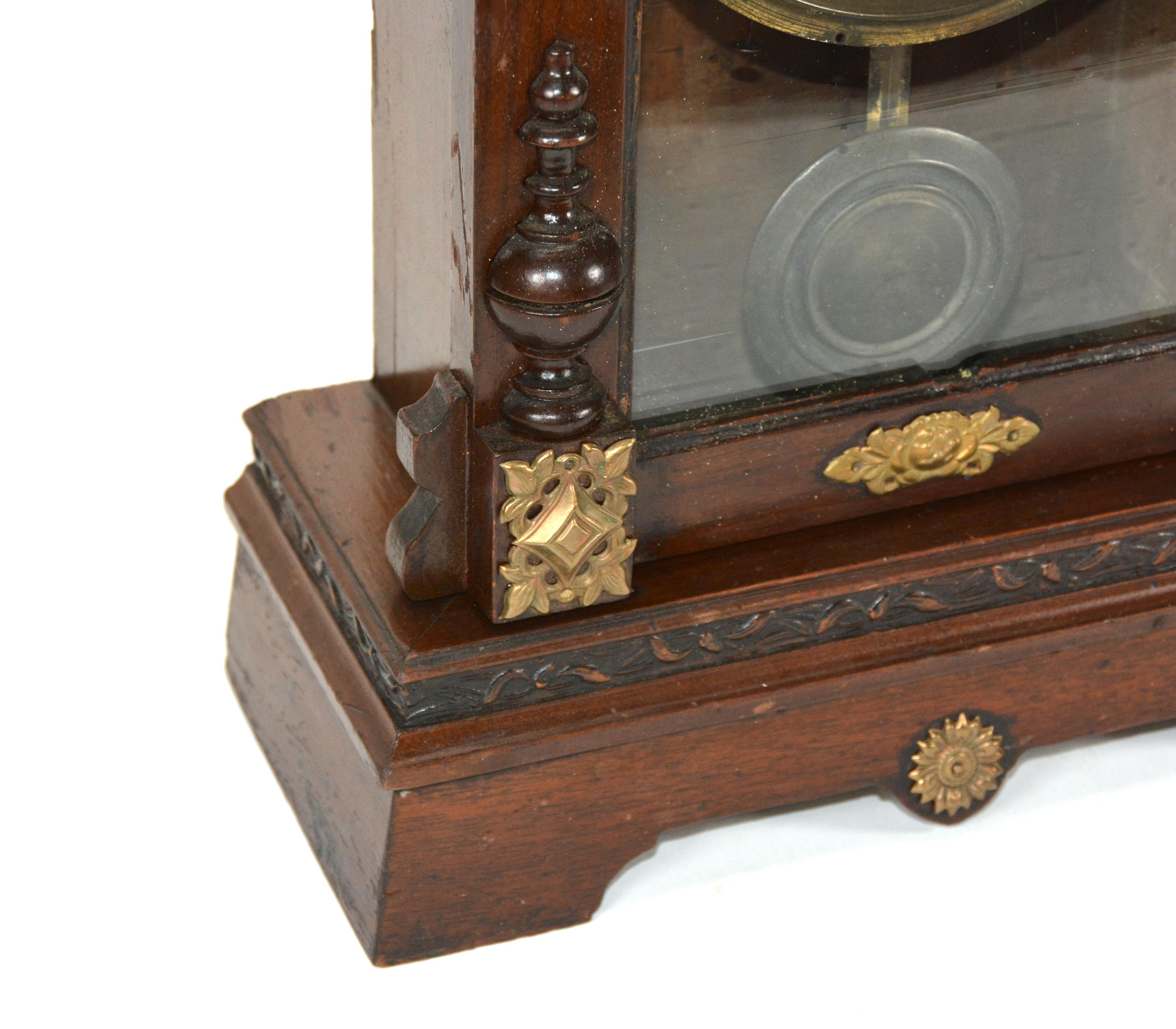 Antique Animated Monk Striking Bell 3 Finial Brass Decorated 8 Day Mantle Clock For Sale 6