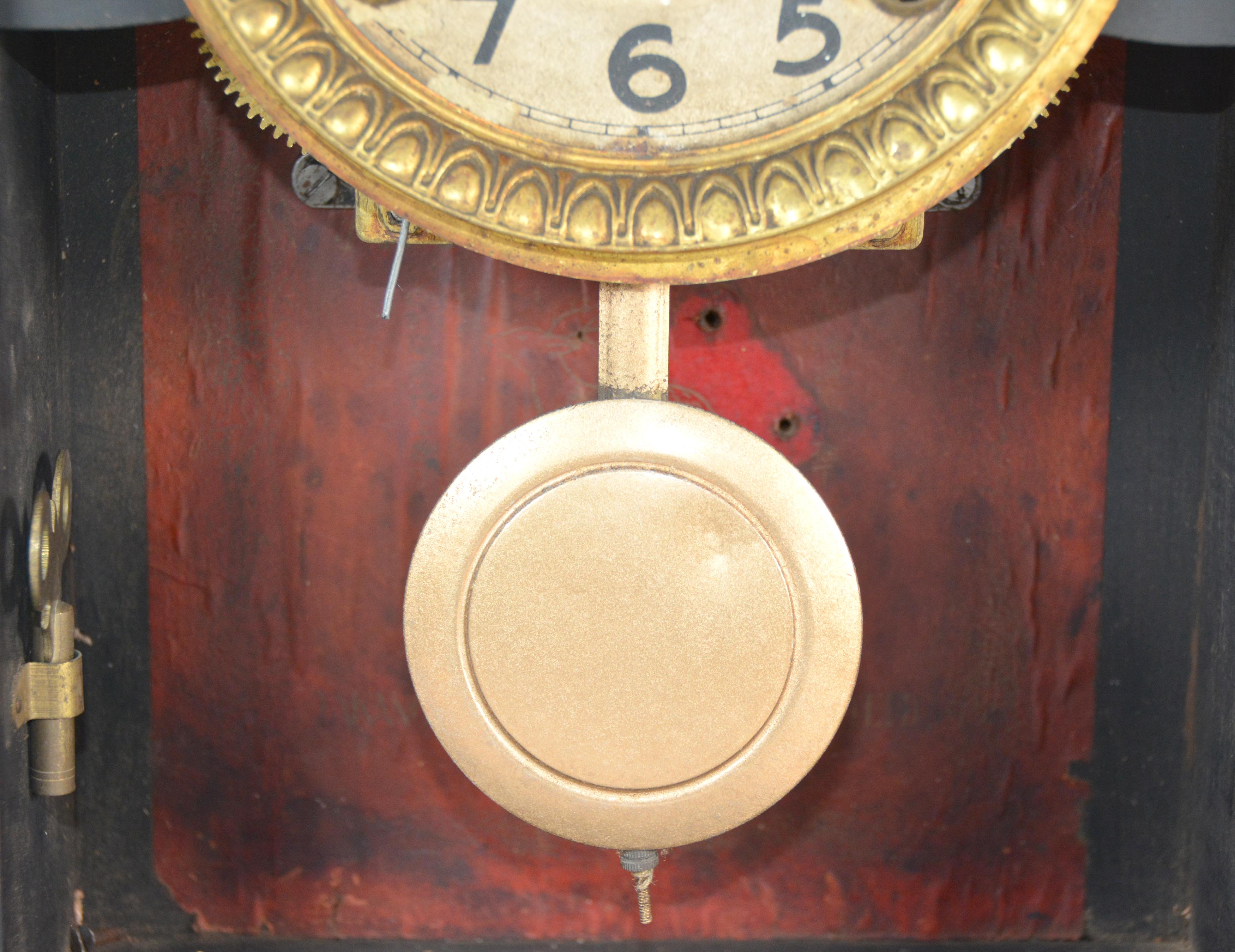 Antique Animated Monk Striking Bell 3 Finial Brass Decorated 8 Day Mantle Clock 7