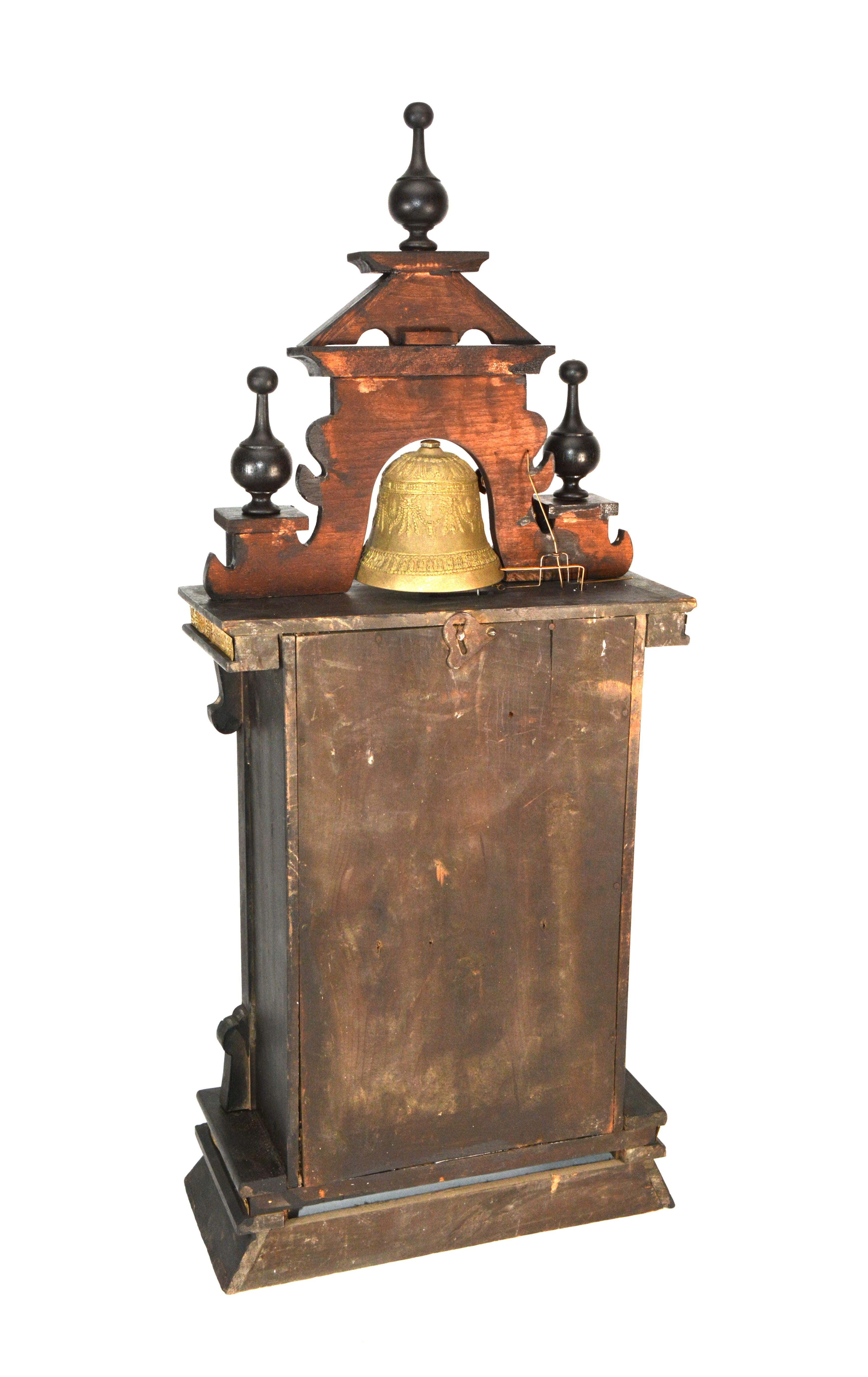 Antique Animated Monk Striking Bell 3 Finial Brass Decorated 8 Day Mantle Clock 9