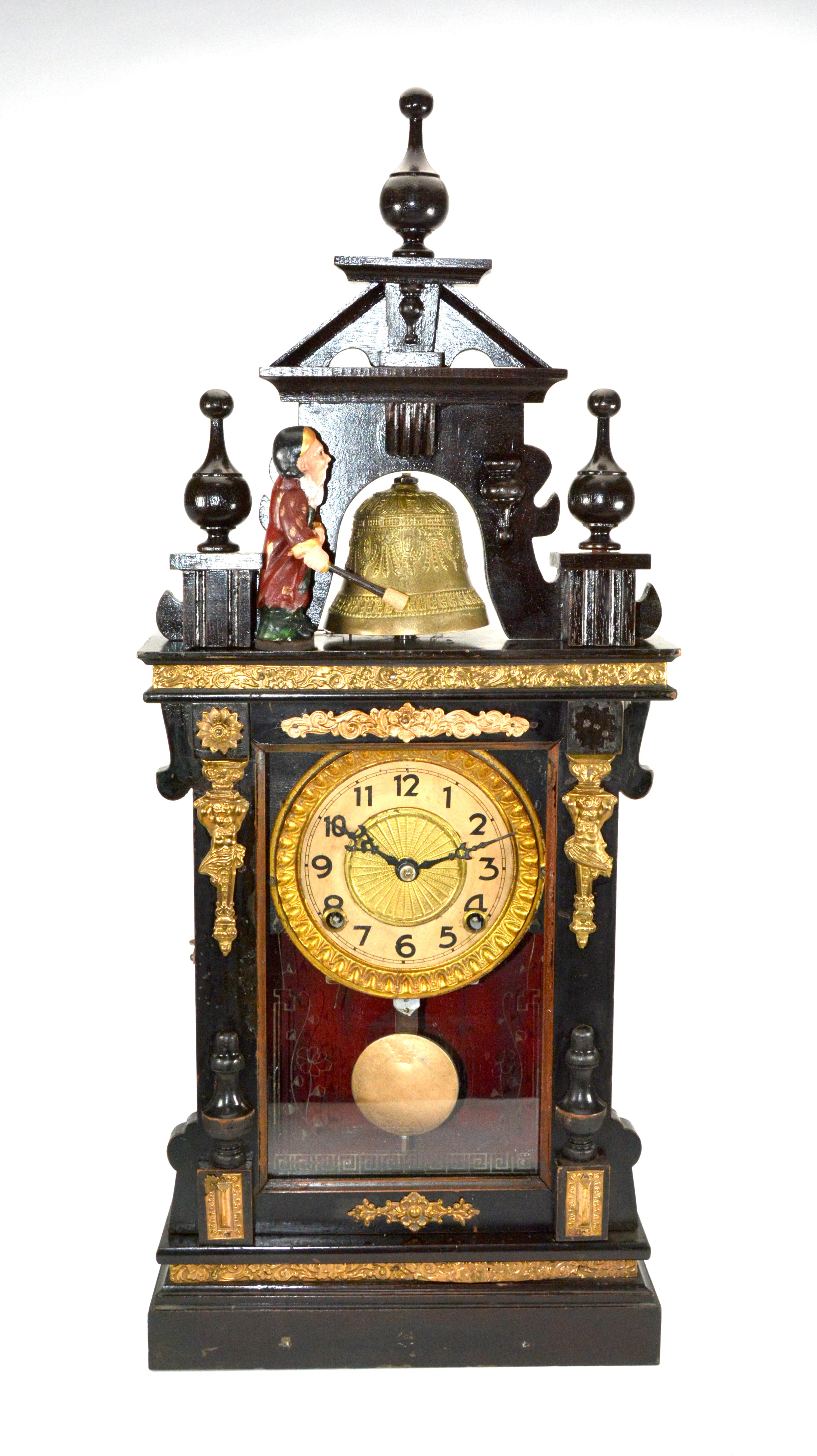Antique Animated Monk Striking Bell 3 Finial Brass Decorated 8 Day Mantel Clock

MOVEMENT: 8 day wind up mechanism

FUNCTION: time with hourly striking

SIZE: 27-3/4