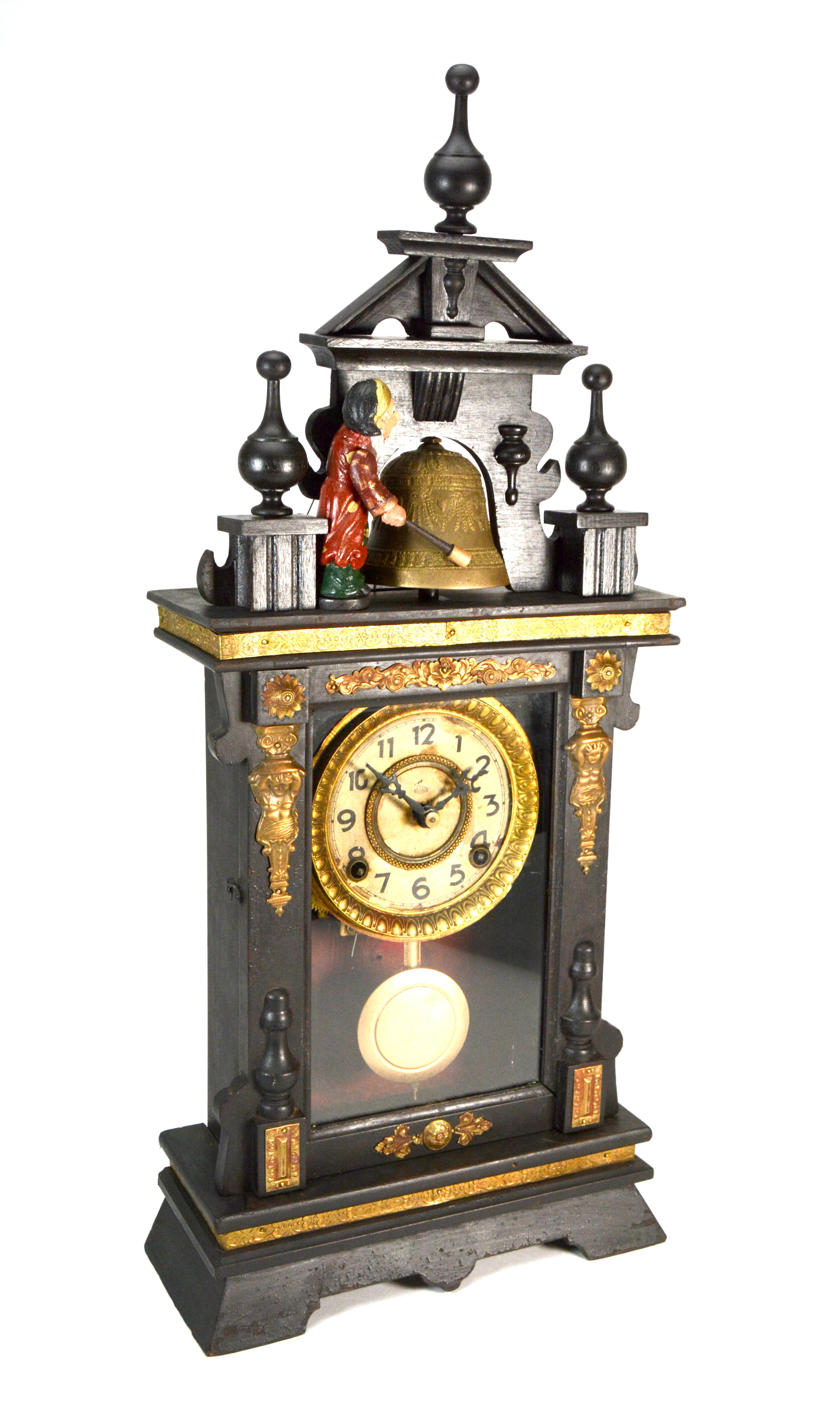 Antique Animated Monk Striking Bell 3 Finial Brass Decorated 8 Day Mantel Clock

MOVEMENT: 8 day wind up mechanism

FUNCTION: time with half hour and hour striking

SIZE: 28