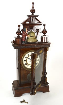 Antique Animated Monk Striking Bell 3 Finial Brass Decorated 8 Day Mantle Clock