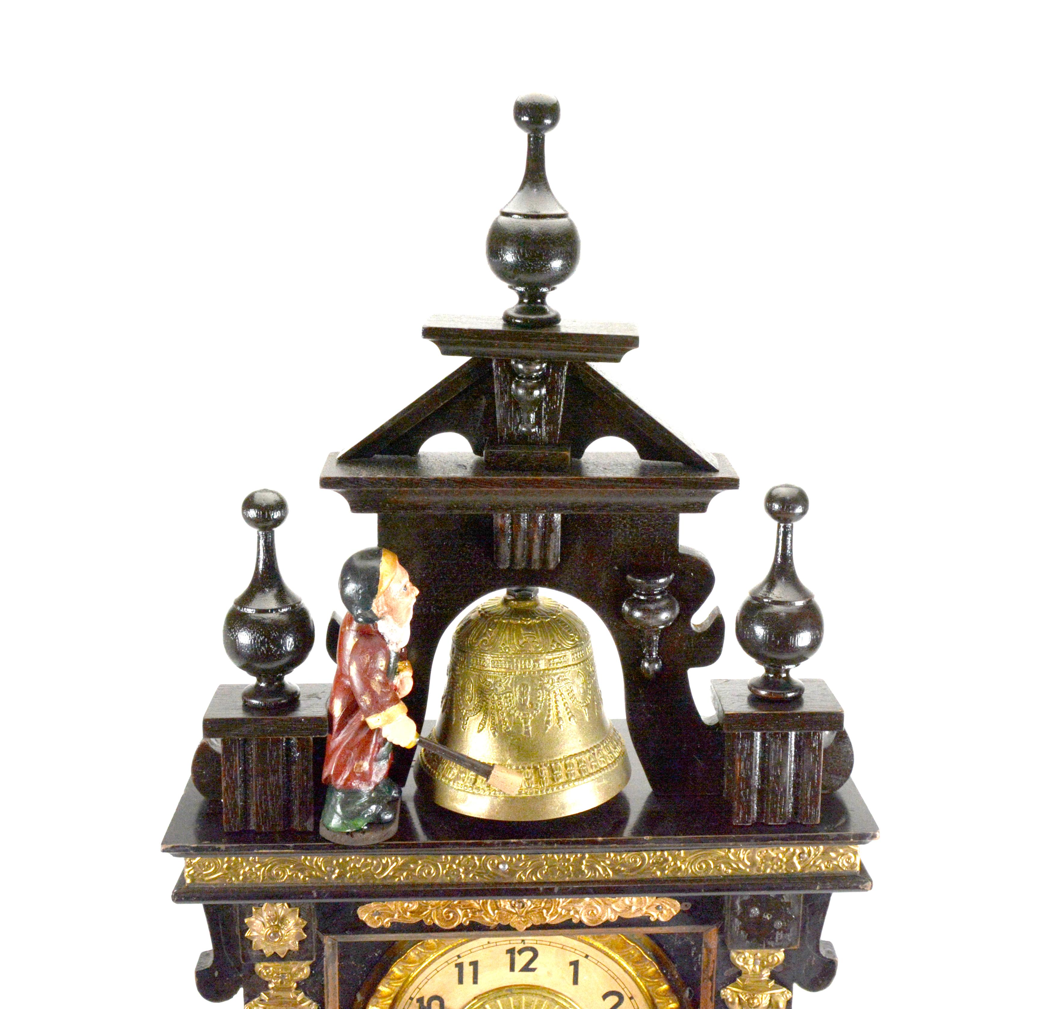 Japanese Antique Animated Monk Striking Bell 3 Finial Brass Decorated 8 Day Mantle Clock