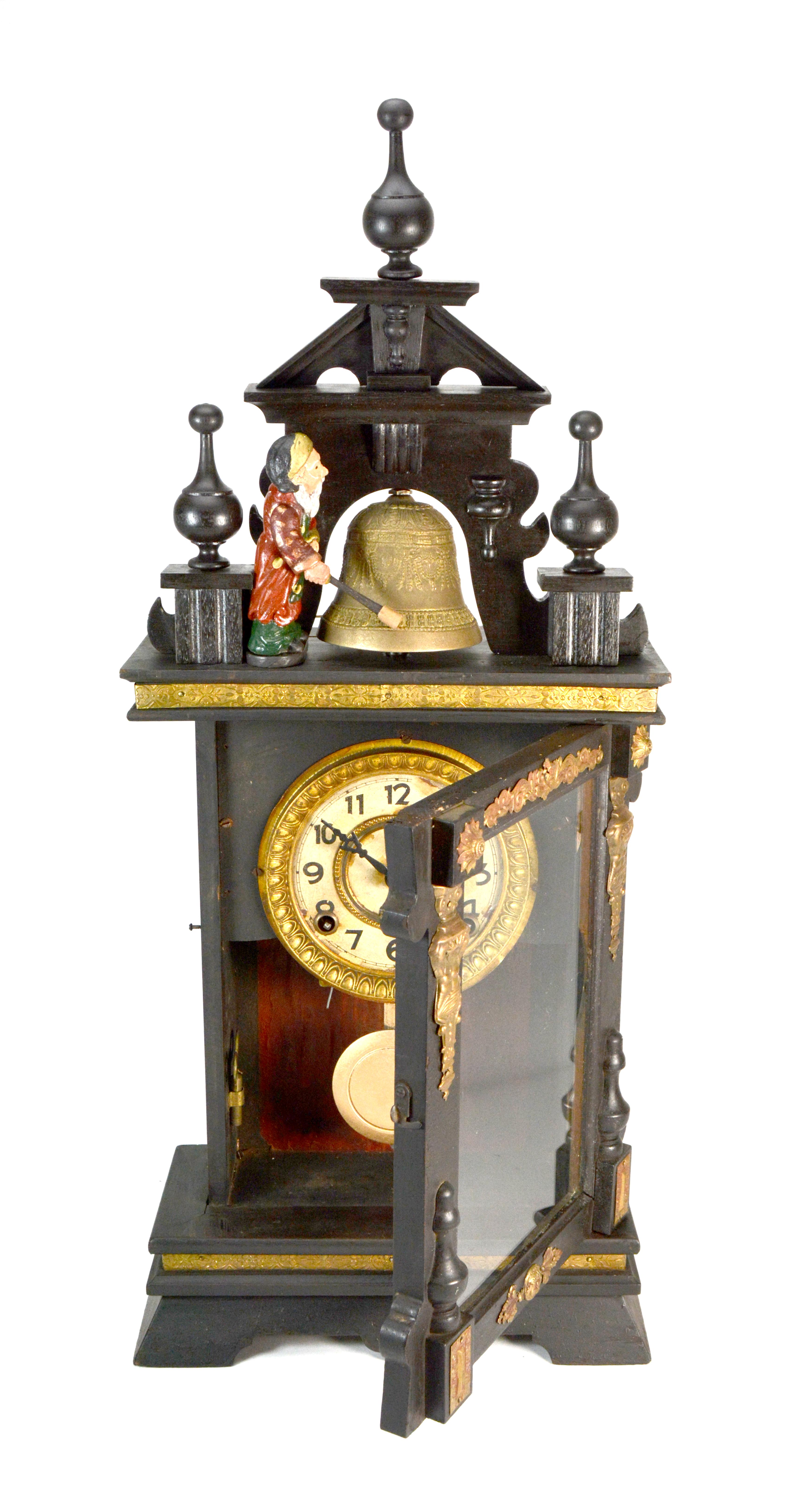 Japanese Antique Animated Monk Striking Bell 3 Finial Brass Decorated 8 Day Mantle Clock
