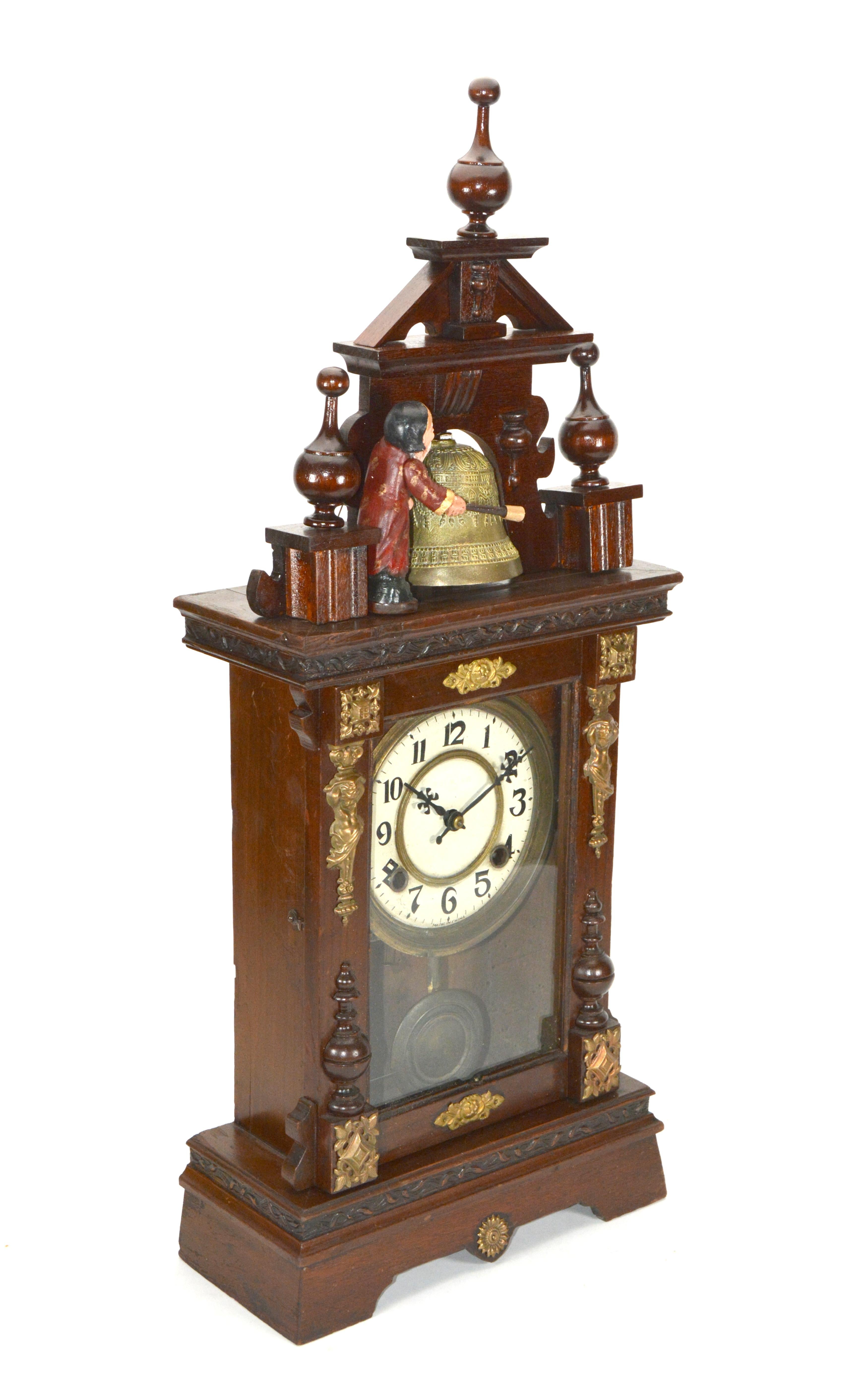 Chinese Antique Animated Monk Striking Bell 3 Finial Brass Decorated 8 Day Mantle Clock For Sale