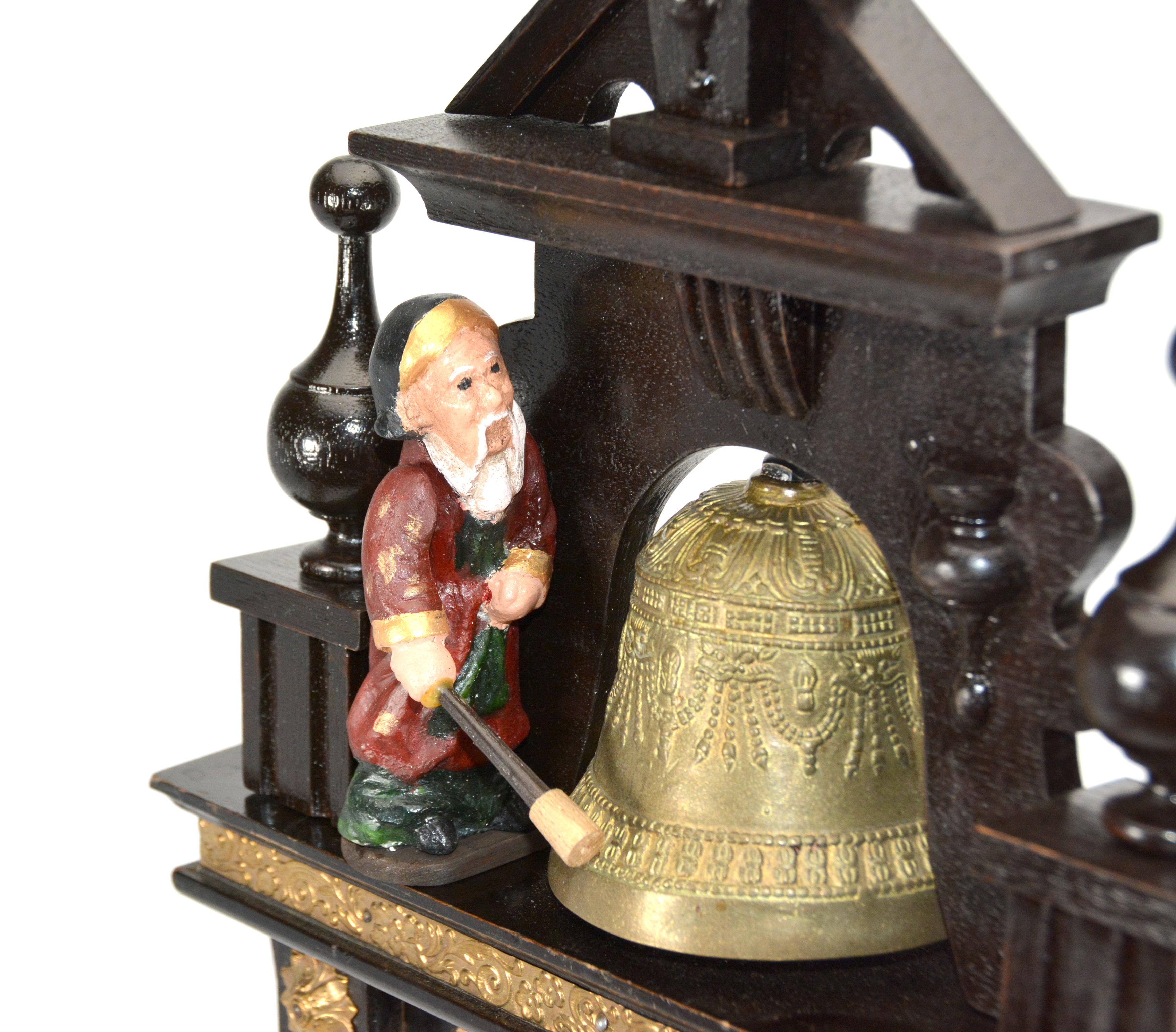 Antique Animated Monk Striking Bell 3 Finial Brass Decorated 8 Day Mantle Clock In Good Condition In Danville, CA