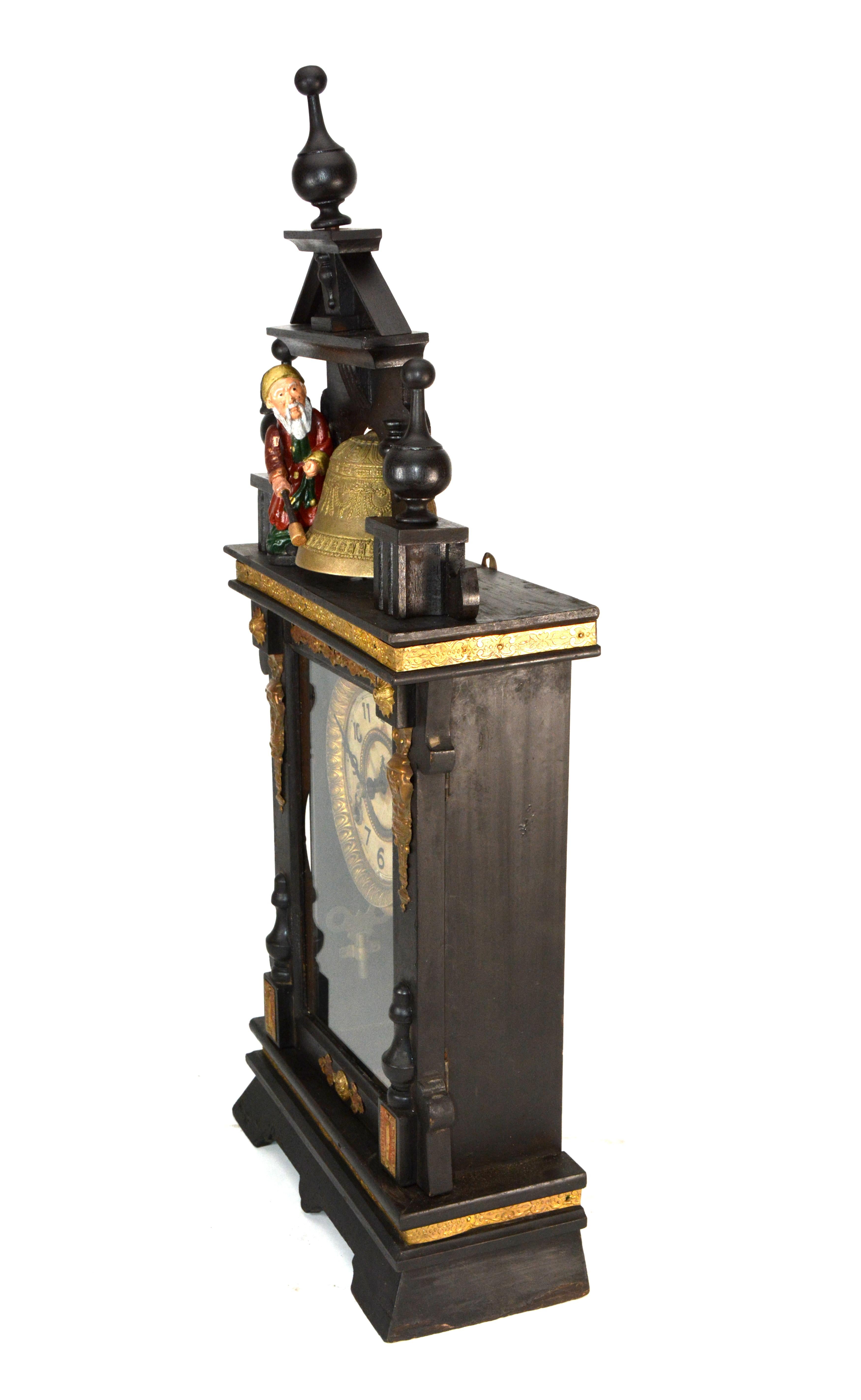 Antique Animated Monk Striking Bell 3 Finial Brass Decorated 8 Day Mantle Clock In Good Condition In Danville, CA