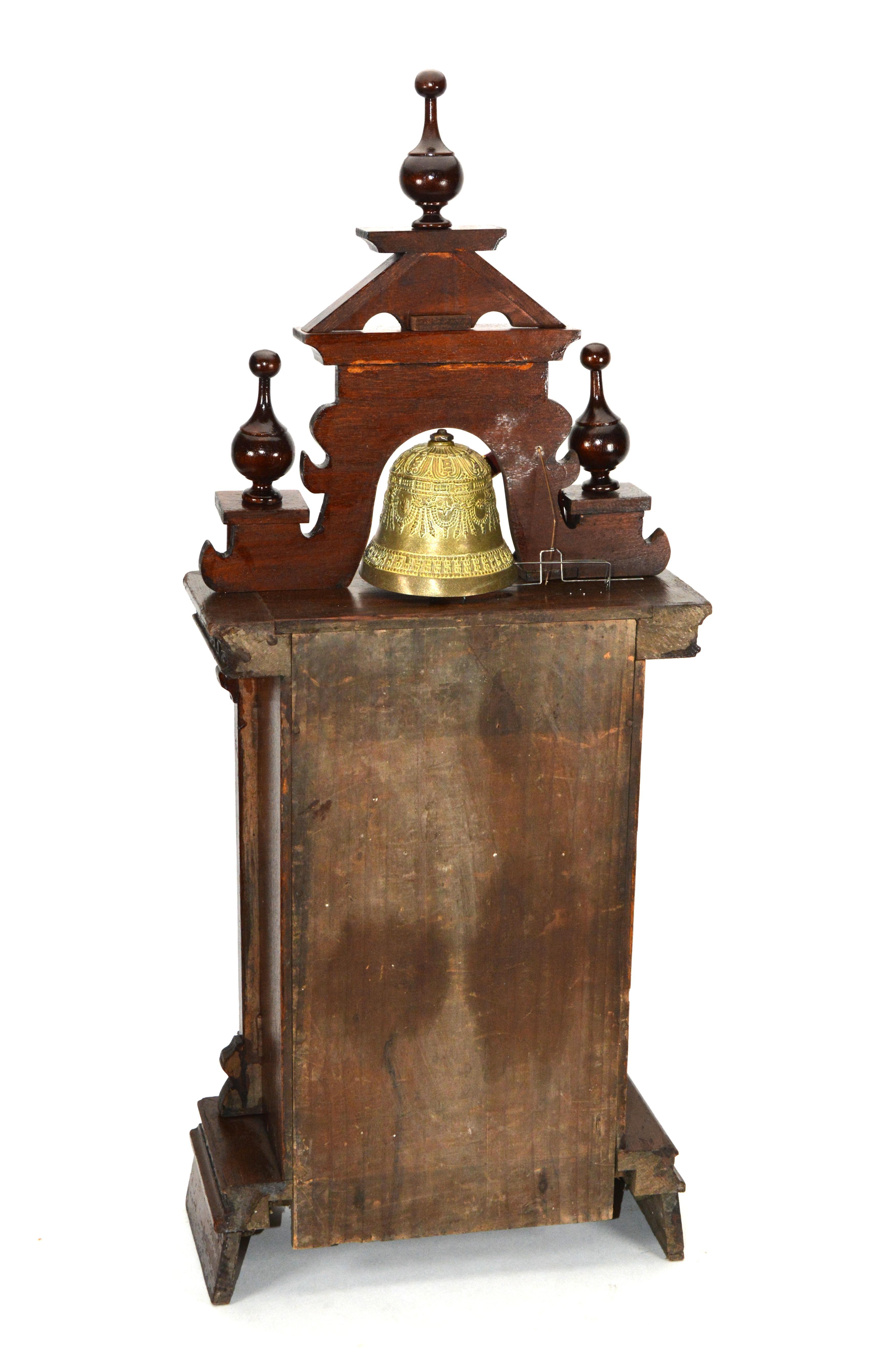 Antique Animated Monk Striking Bell 3 Finial Brass Decorated 8 Day Mantle Clock In Good Condition For Sale In Danville, CA