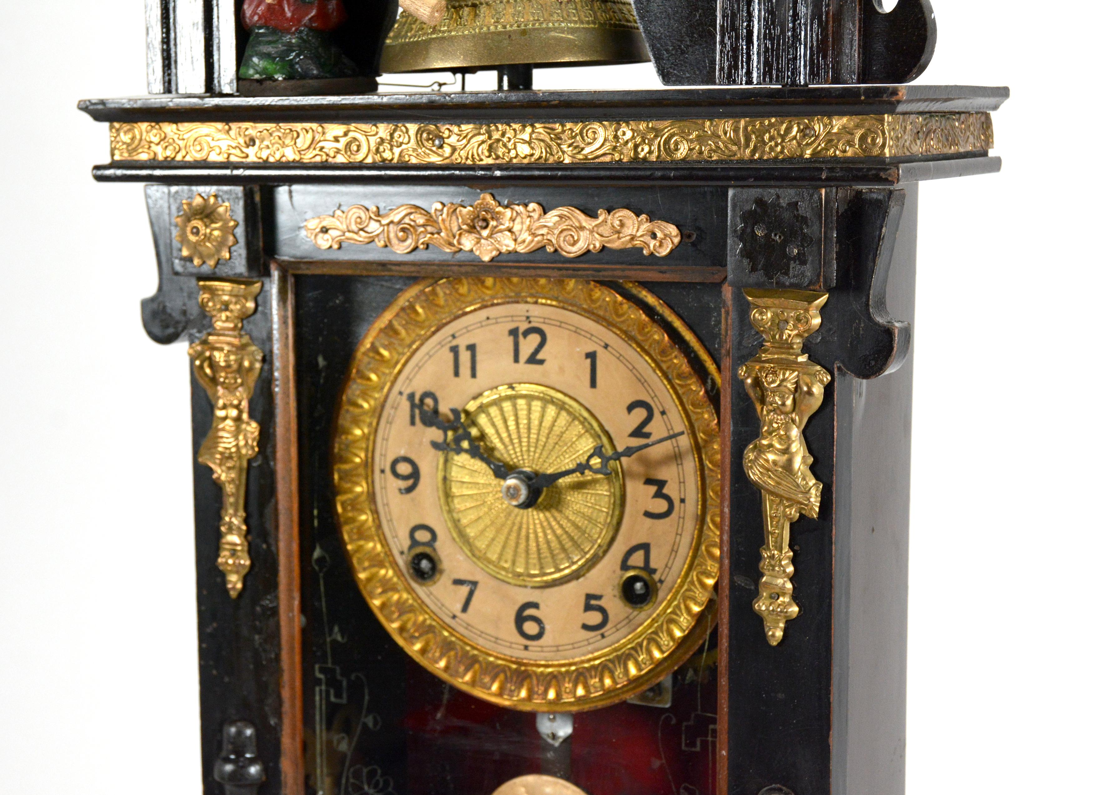 Antique Animated Monk Striking Bell 3 Finial Brass Decorated 8 Day Mantle Clock In Good Condition In Danville, CA