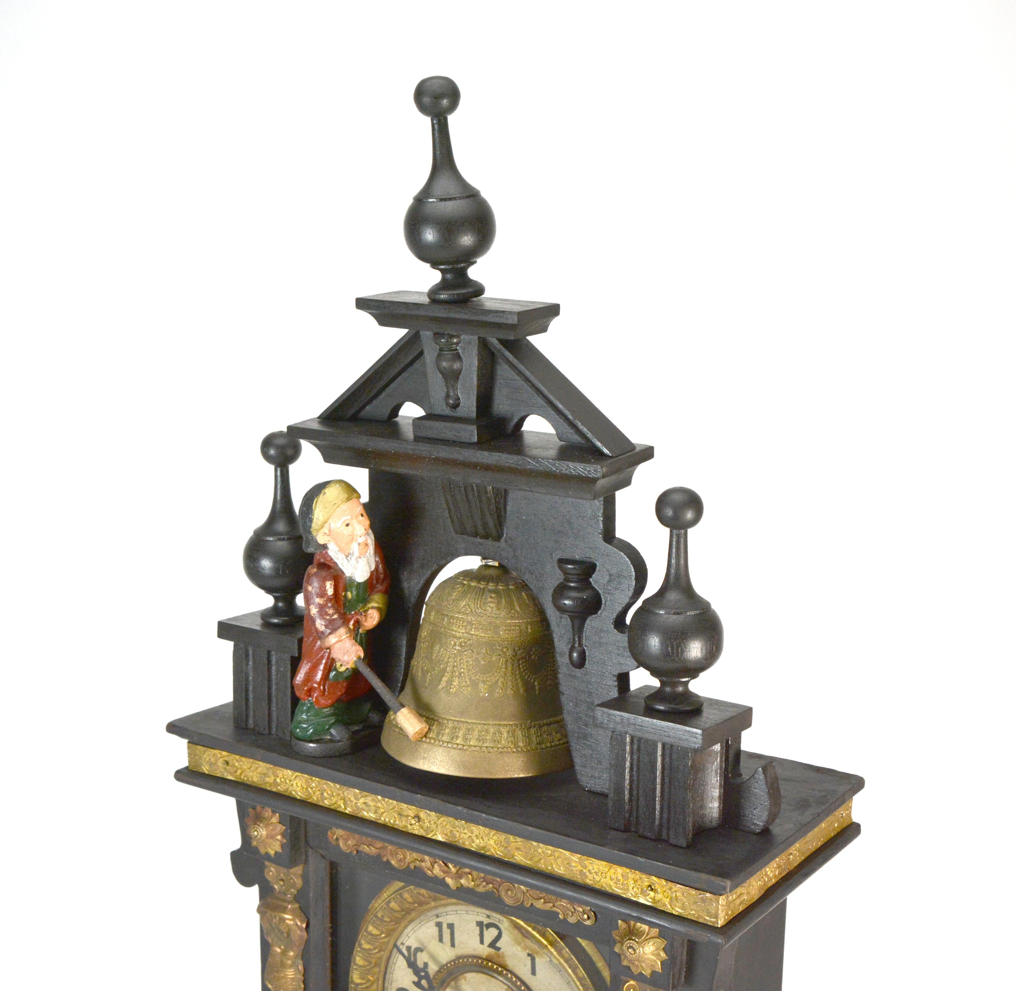 19th Century Antique Animated Monk Striking Bell 3 Finial Brass Decorated 8 Day Mantle Clock
