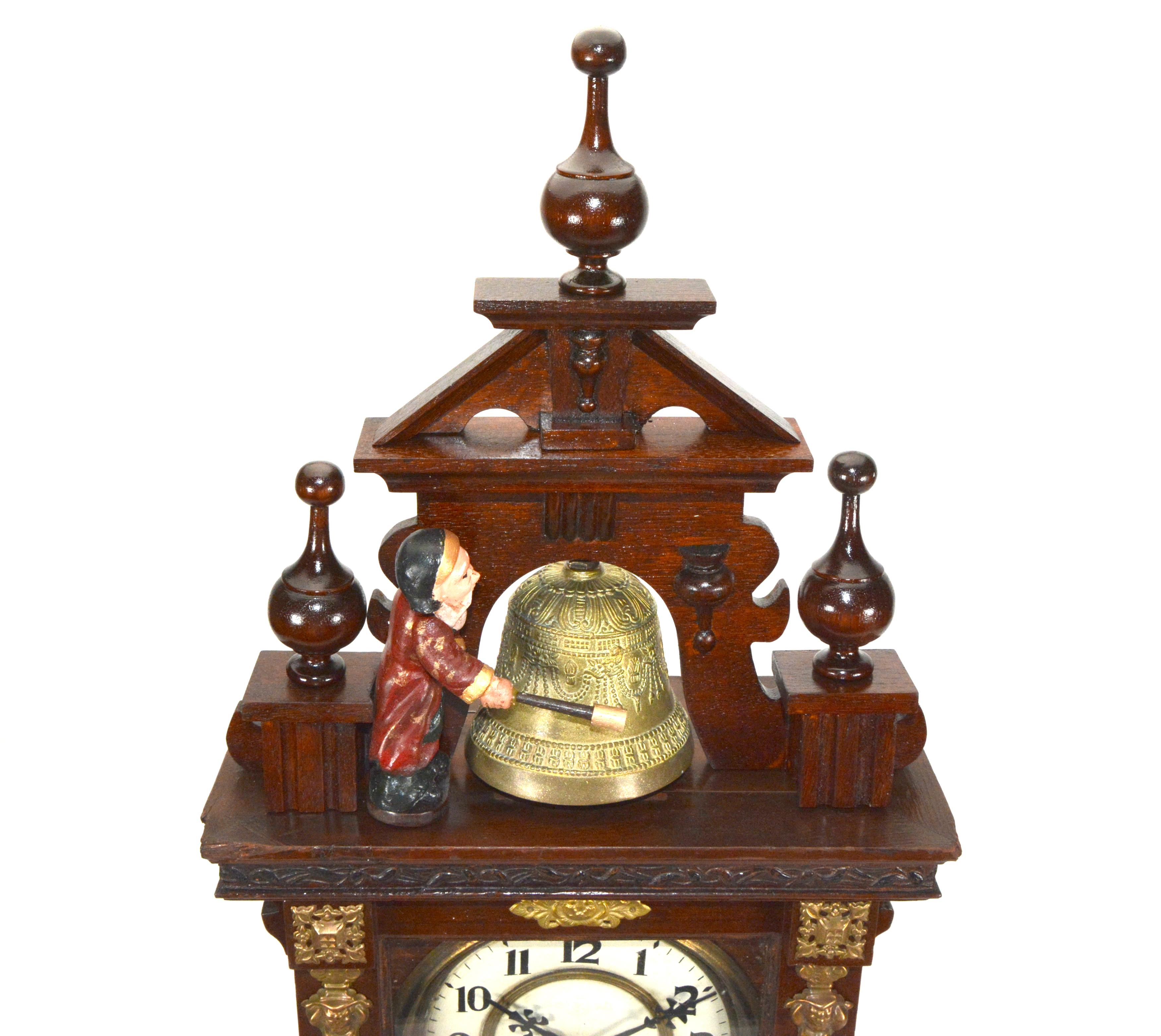 19th Century Antique Animated Monk Striking Bell 3 Finial Brass Decorated 8 Day Mantle Clock For Sale