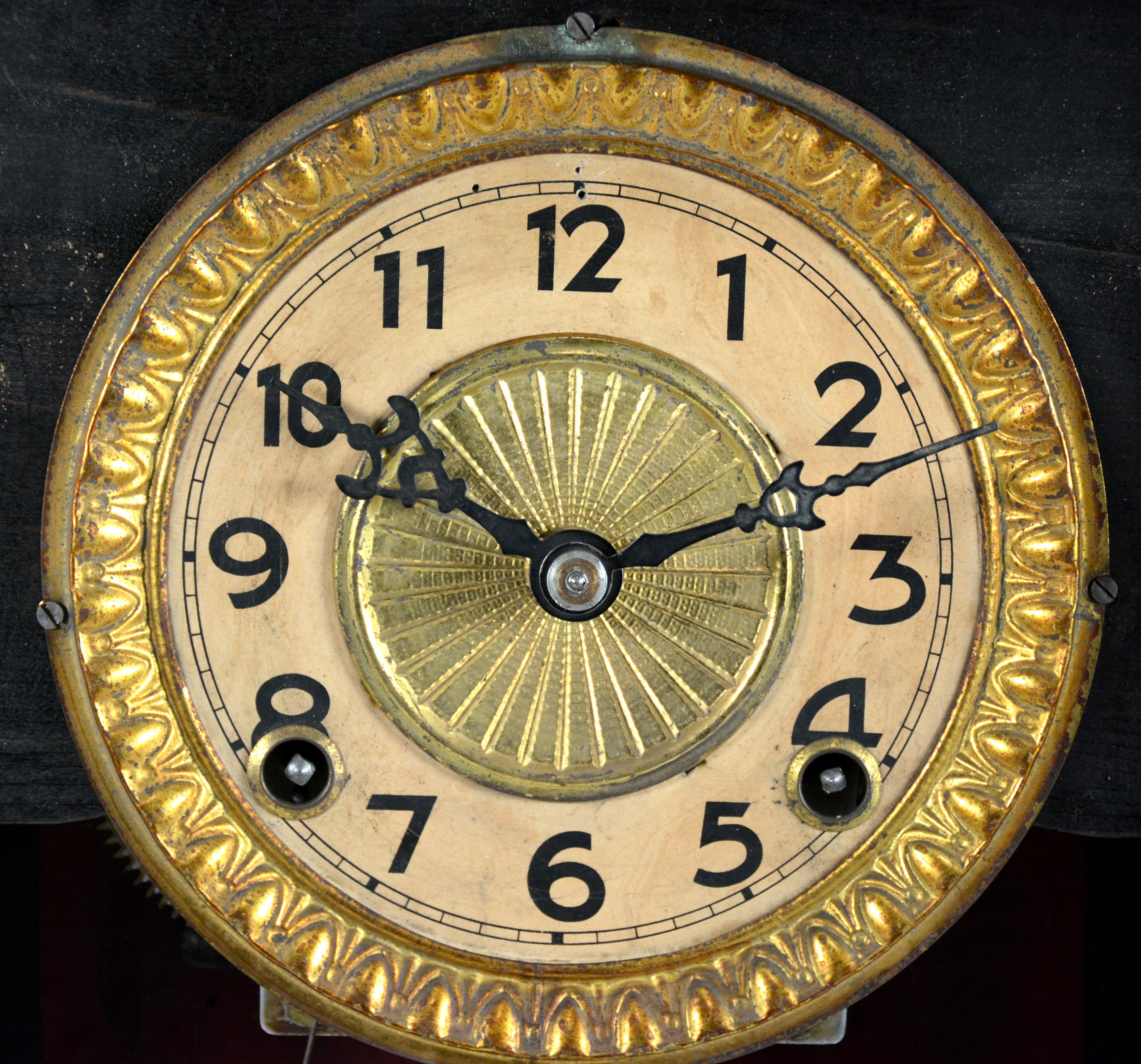 19th Century Antique Animated Monk Striking Bell 3 Finial Brass Decorated 8 Day Mantle Clock