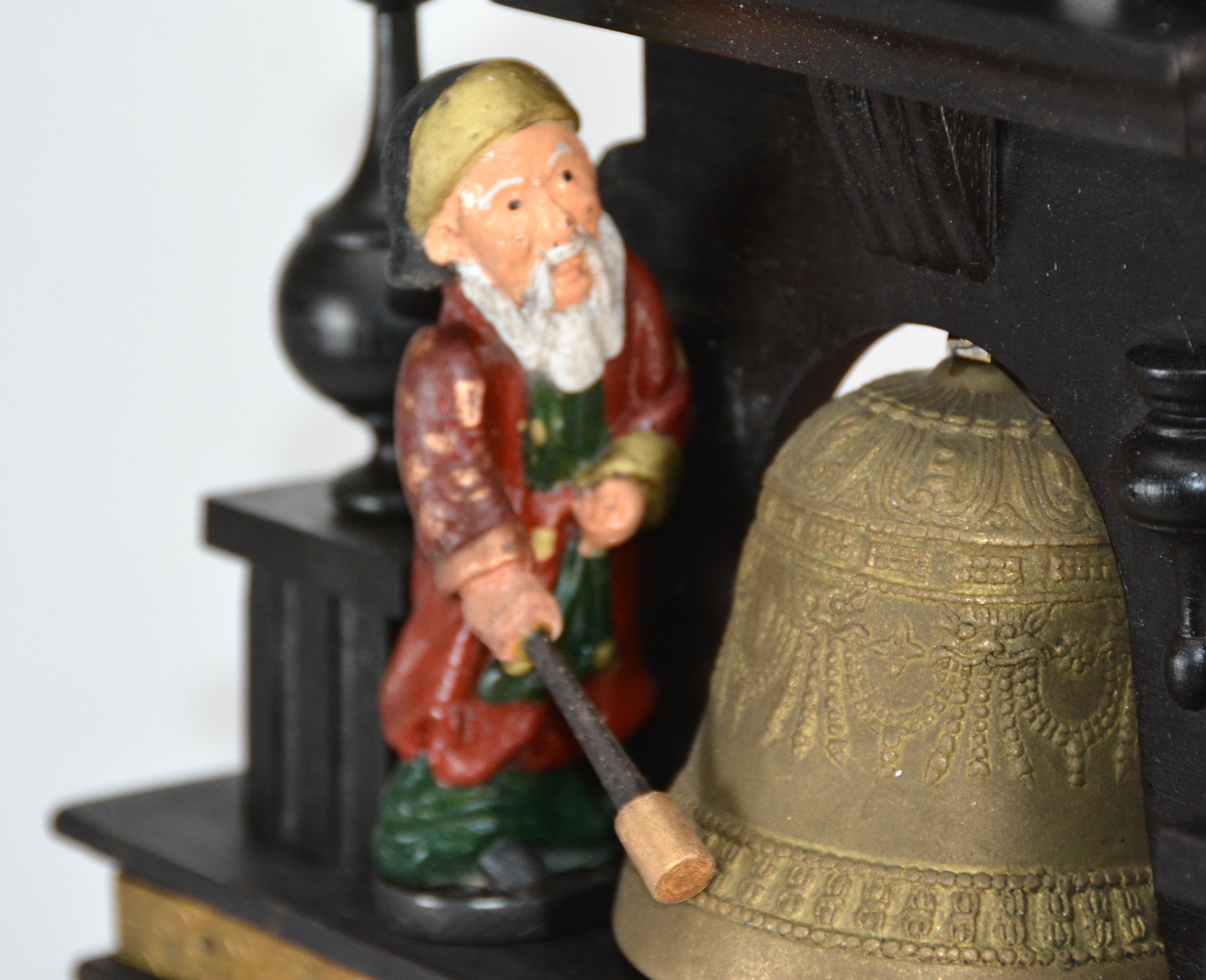 Antique Animated Monk Striking Bell 3 Finial Brass Decorated 8 Day Mantle Clock 1