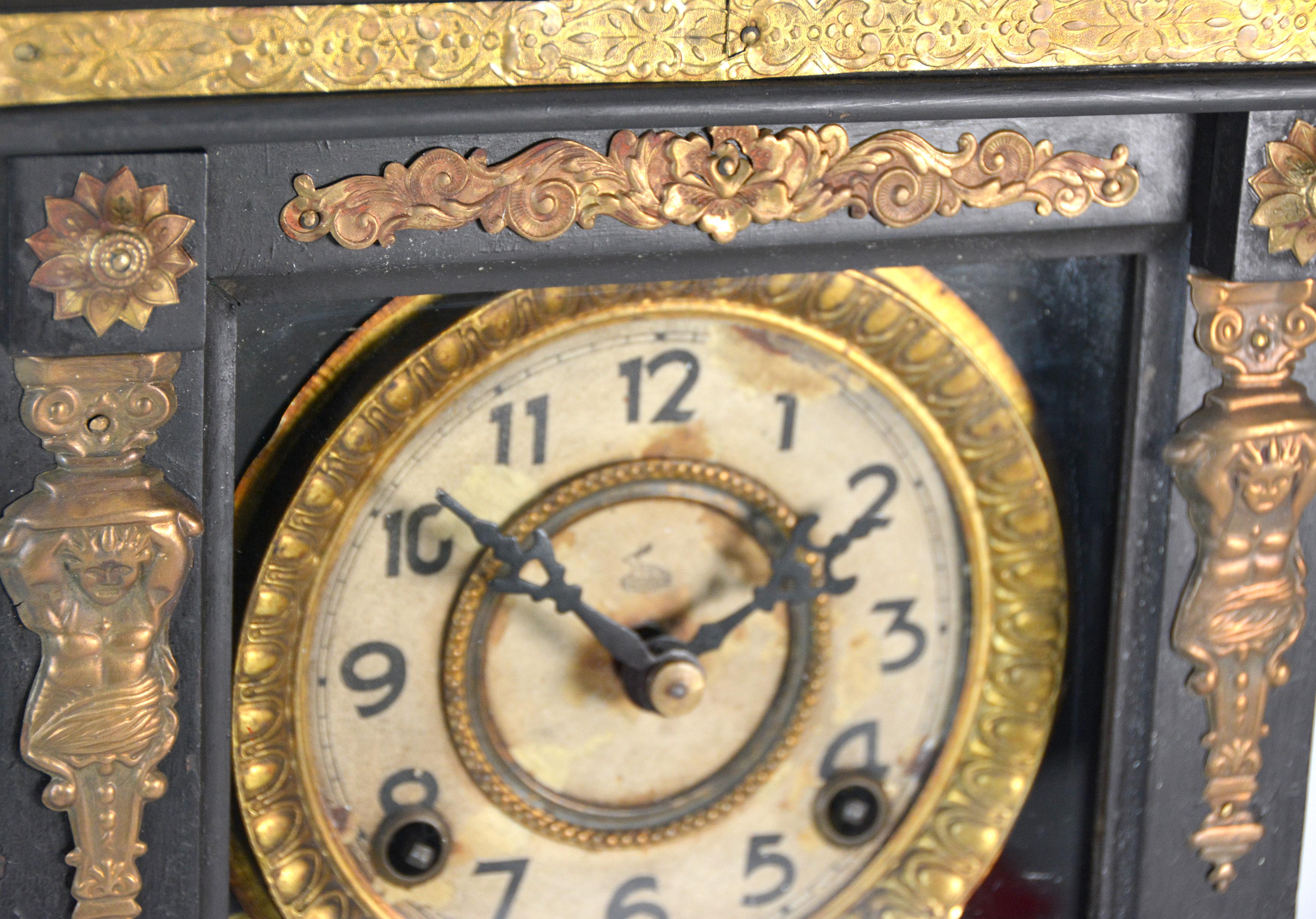 Antique Animated Monk Striking Bell 3 Finial Brass Decorated 8 Day Mantle Clock 3