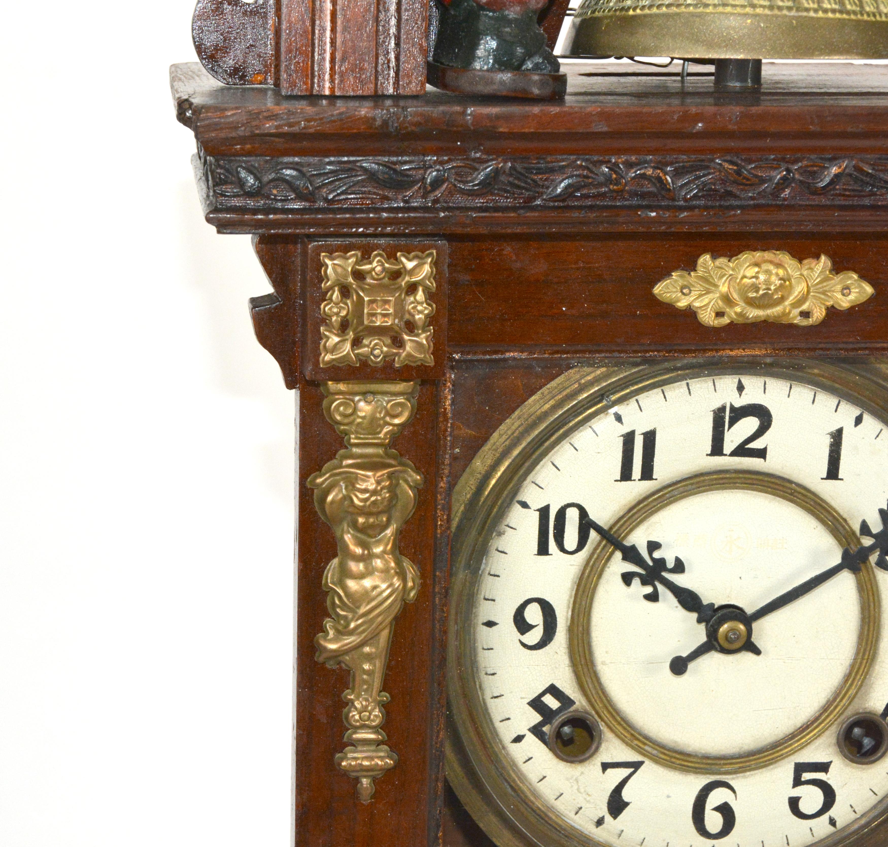 Antique Animated Monk Striking Bell 3 Finial Brass Decorated 8 Day Mantle Clock For Sale 3