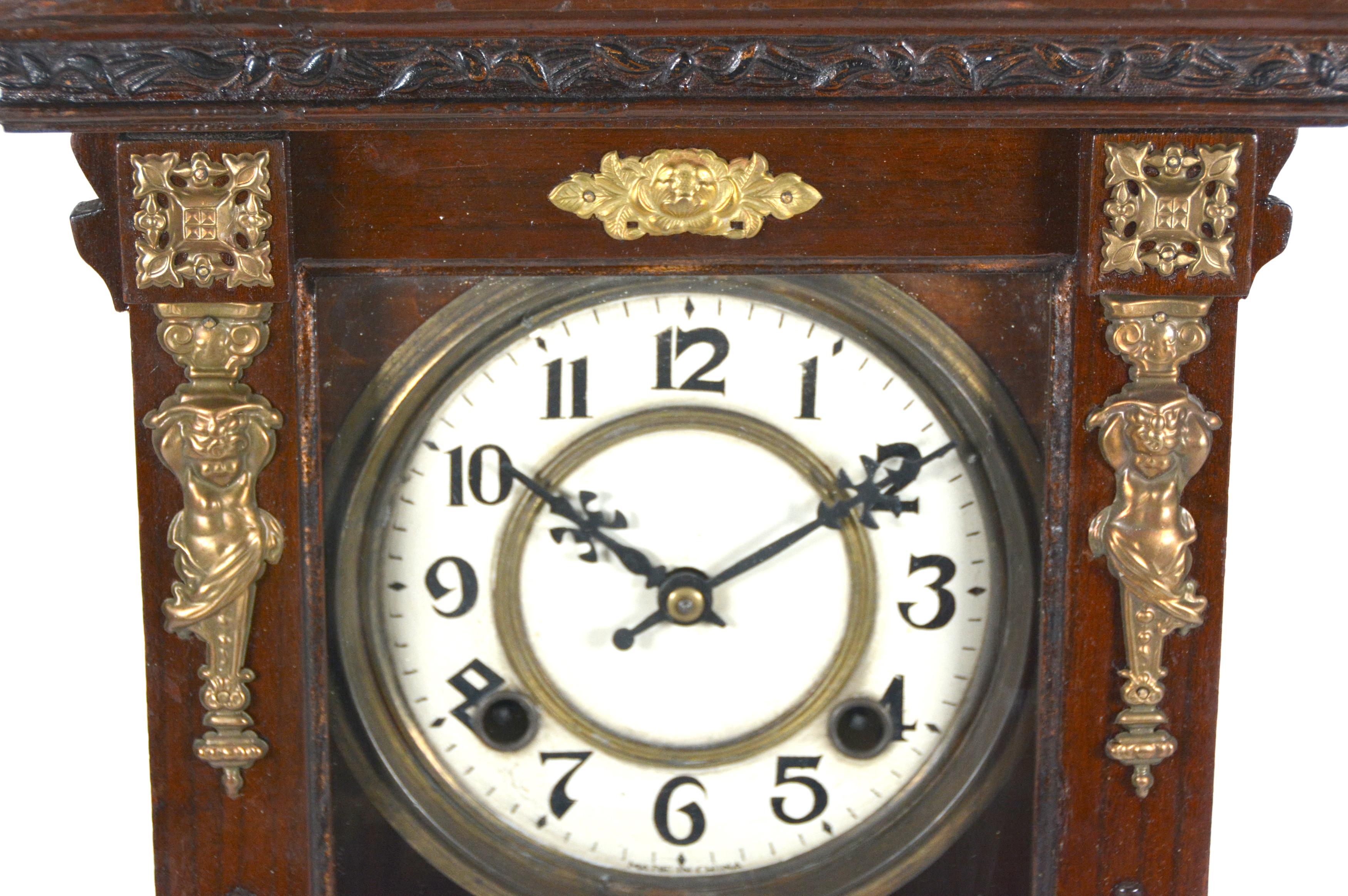 Antique Animated Monk Striking Bell 3 Finial Brass Decorated 8 Day Mantle Clock For Sale 4