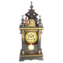 Antique Animated Monk Striking Bell 3 Finial Brass Decorated 8 Day Mantle Clock