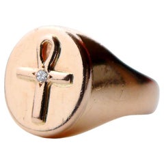 Antique Ankh Signet Ring Diamond solid 14K Gold Ø US 4.5 / 4.9 gr