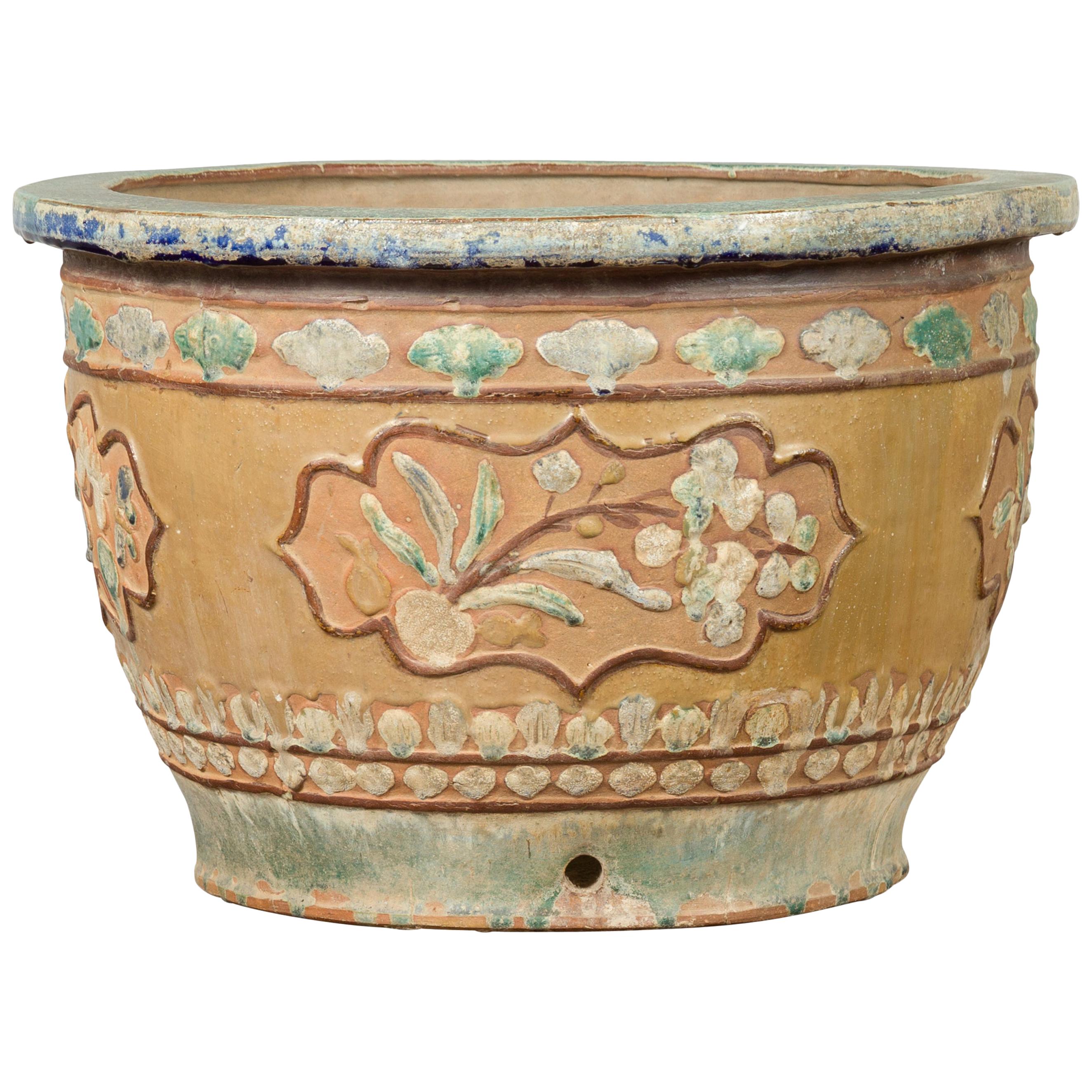 Antique Annamese 19th Century Planter with Floral Decor and Distressed Patina
