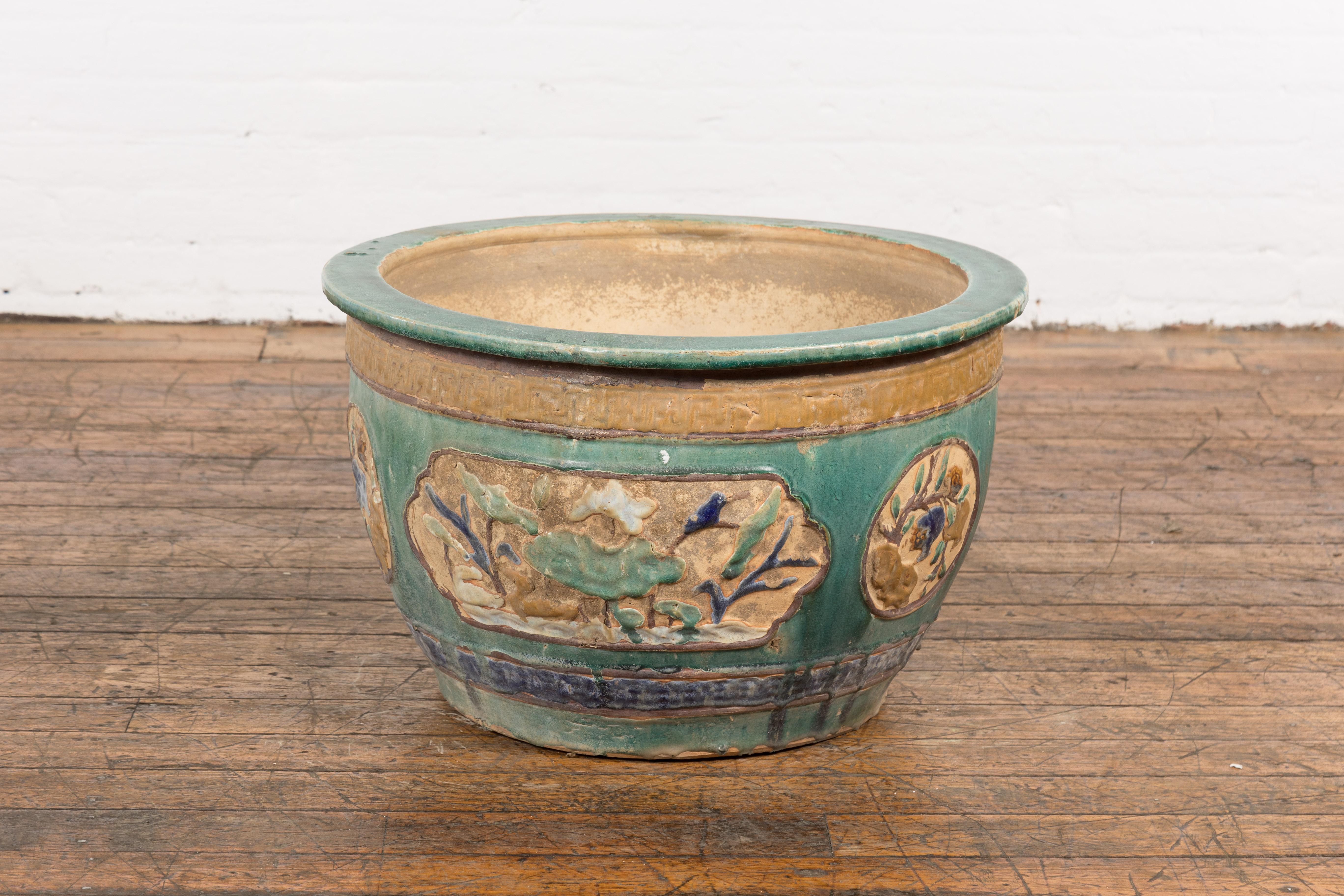 Antique Annamese 19th Century Planter with Green Glaze Décor and Cartouches 6