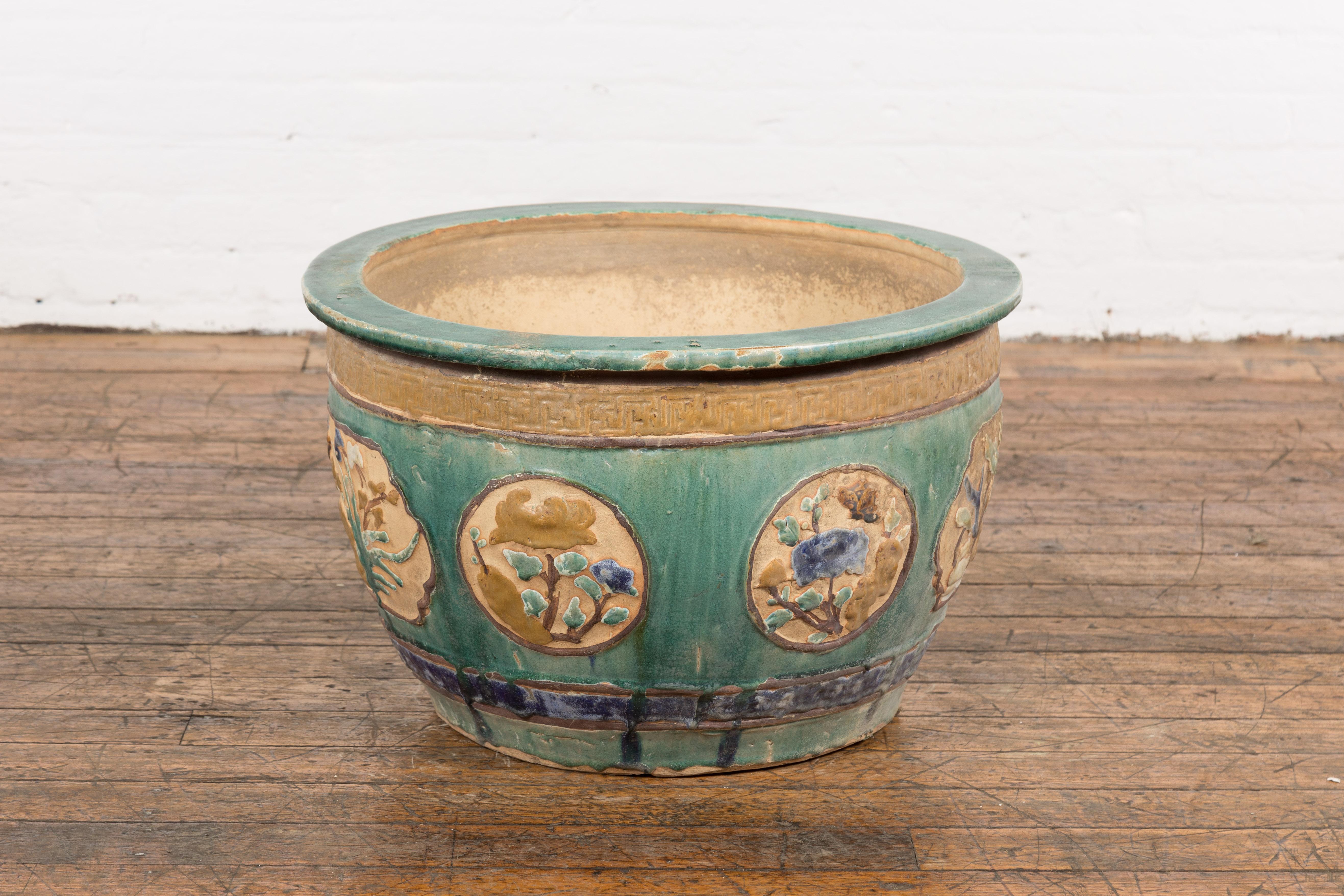 Antique Annamese 19th Century Planter with Green Glaze Décor and Cartouches 7