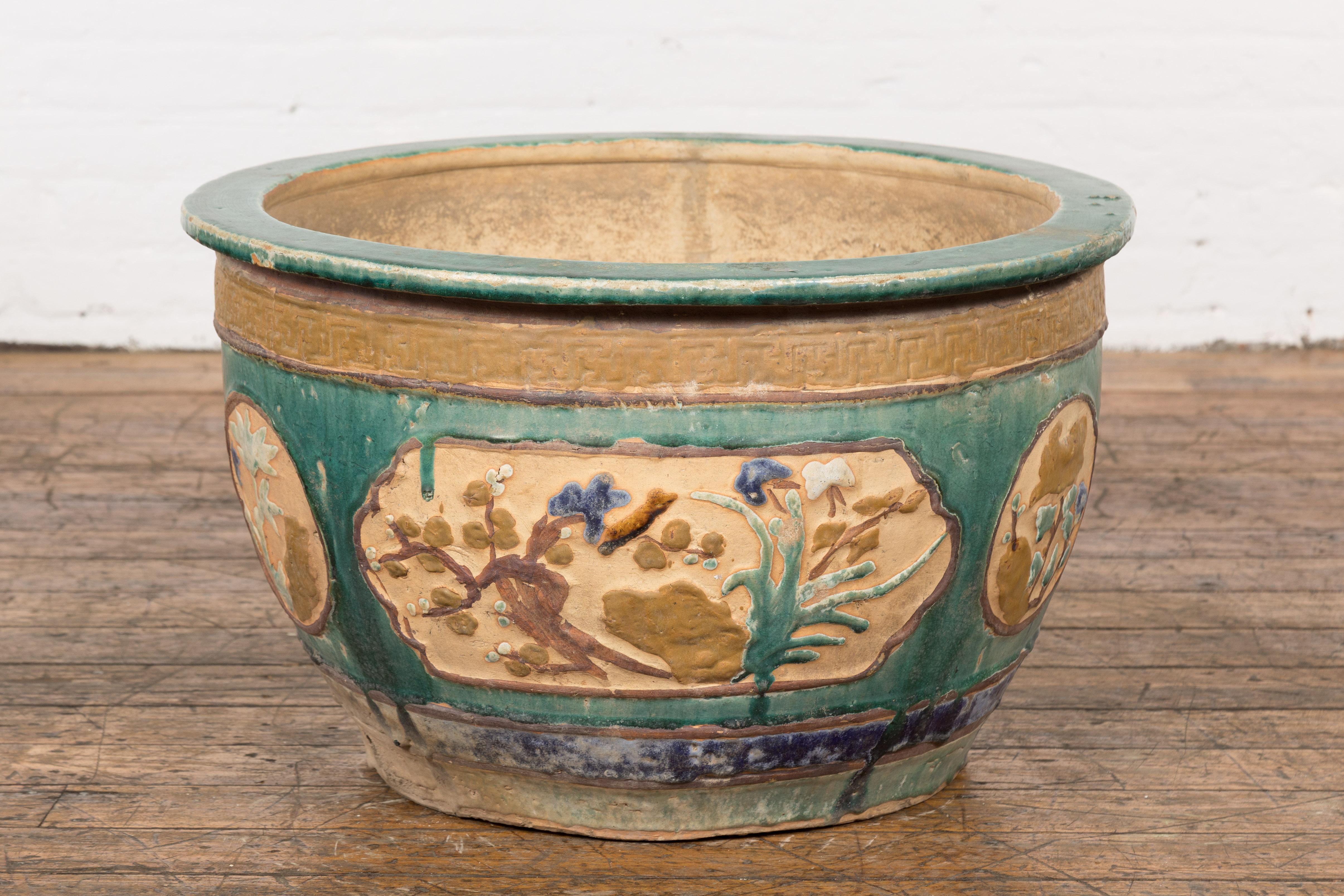 Glazed Antique Annamese 19th Century Planter with Green Glaze Décor and Cartouches
