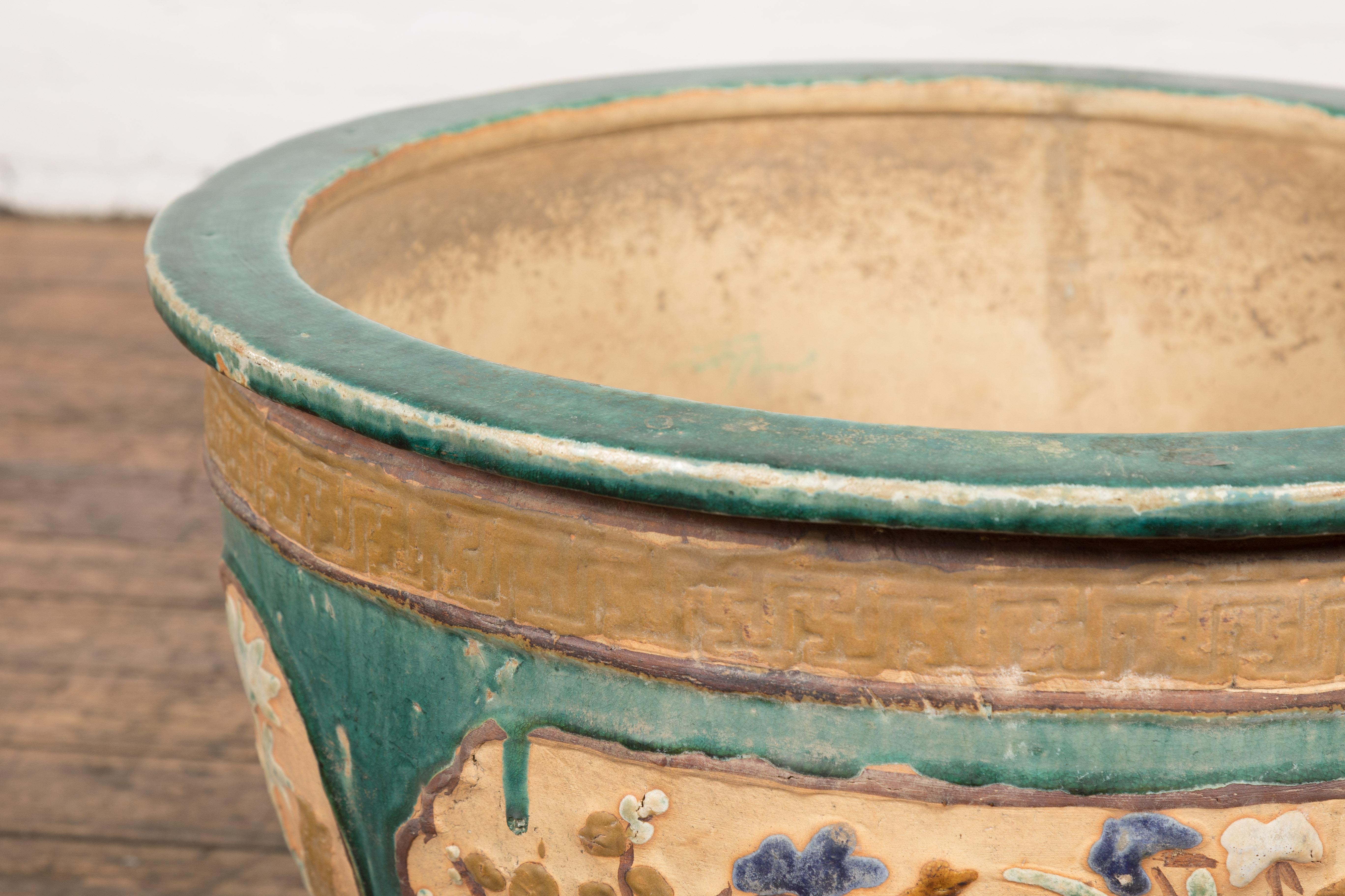 Antique Annamese 19th Century Planter with Green Glaze Décor and Cartouches 1