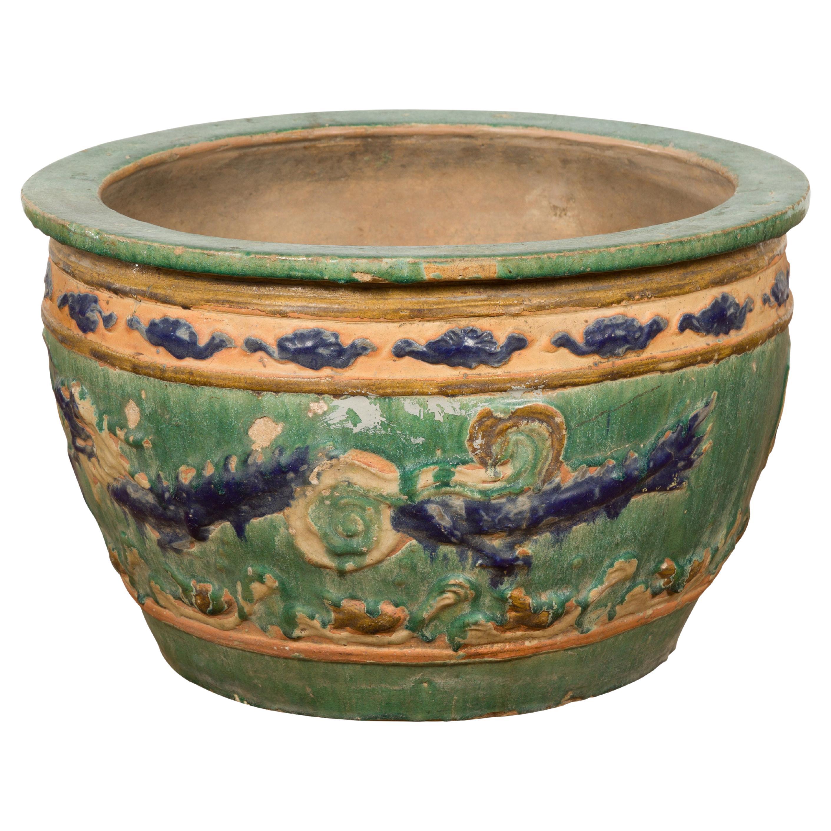 Annamese 19th Century Planter with Green Glaze Décor For Sale